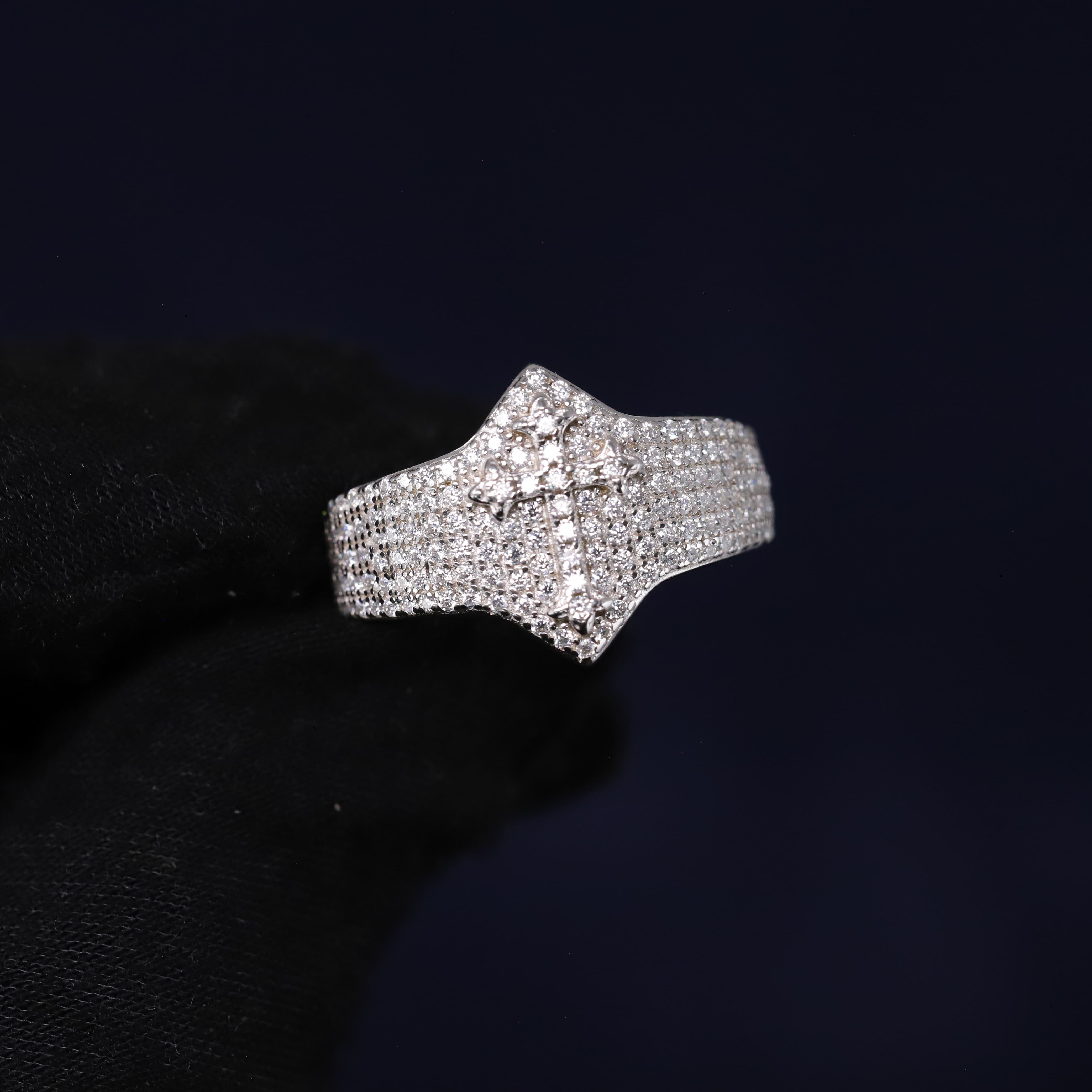Iced Out 3.15CT Moissanite Shield Cross Ring in Premium Sterling Silver