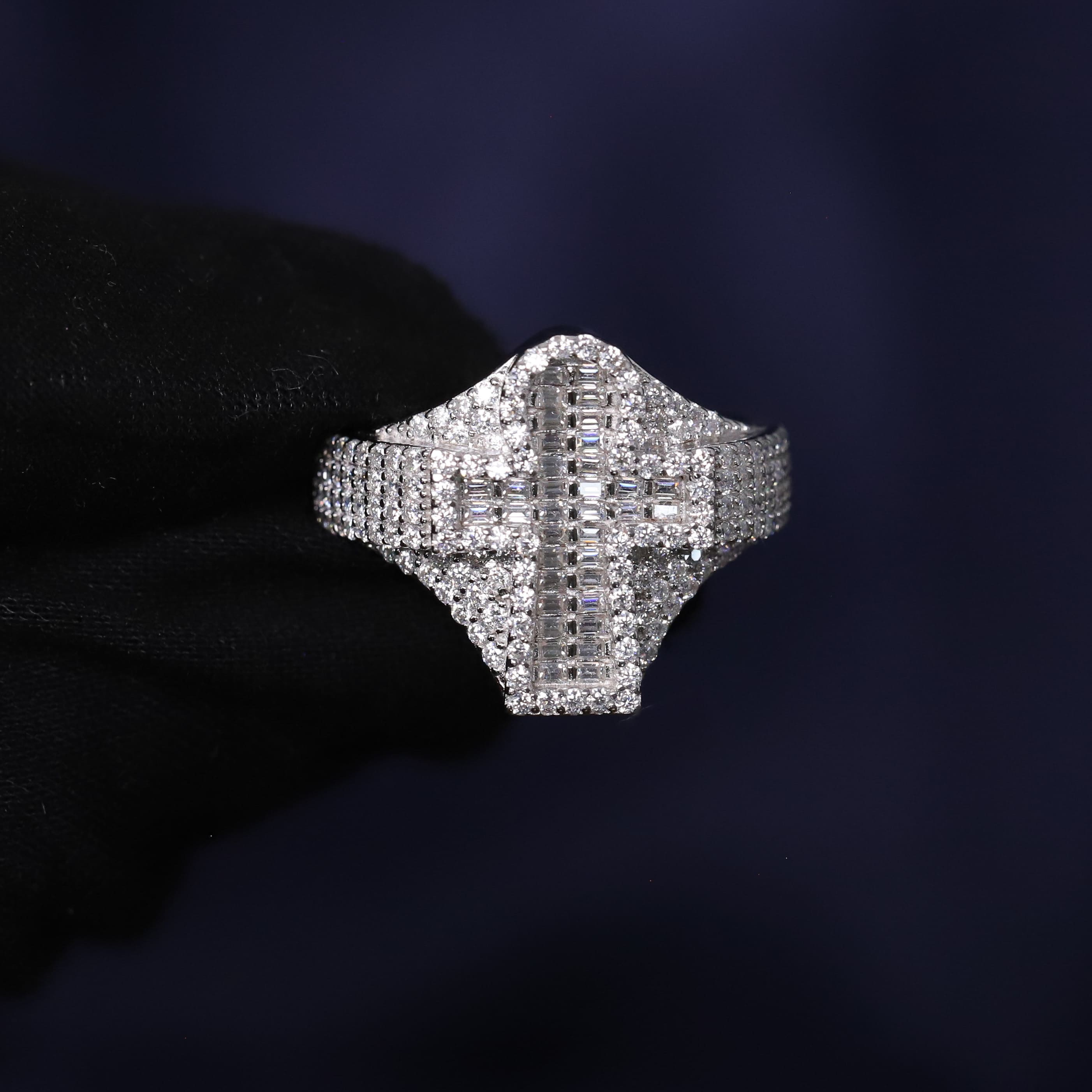 Iced Out 1.79CT Moissanite Rounded Cross Ring in Premium Sterling Silver