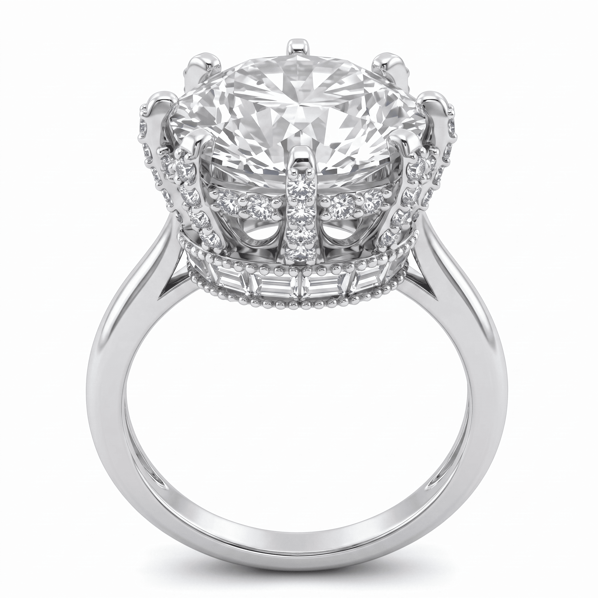 Iced Out Round & Baguette Cut Crown Halo CZ Ring in Brass