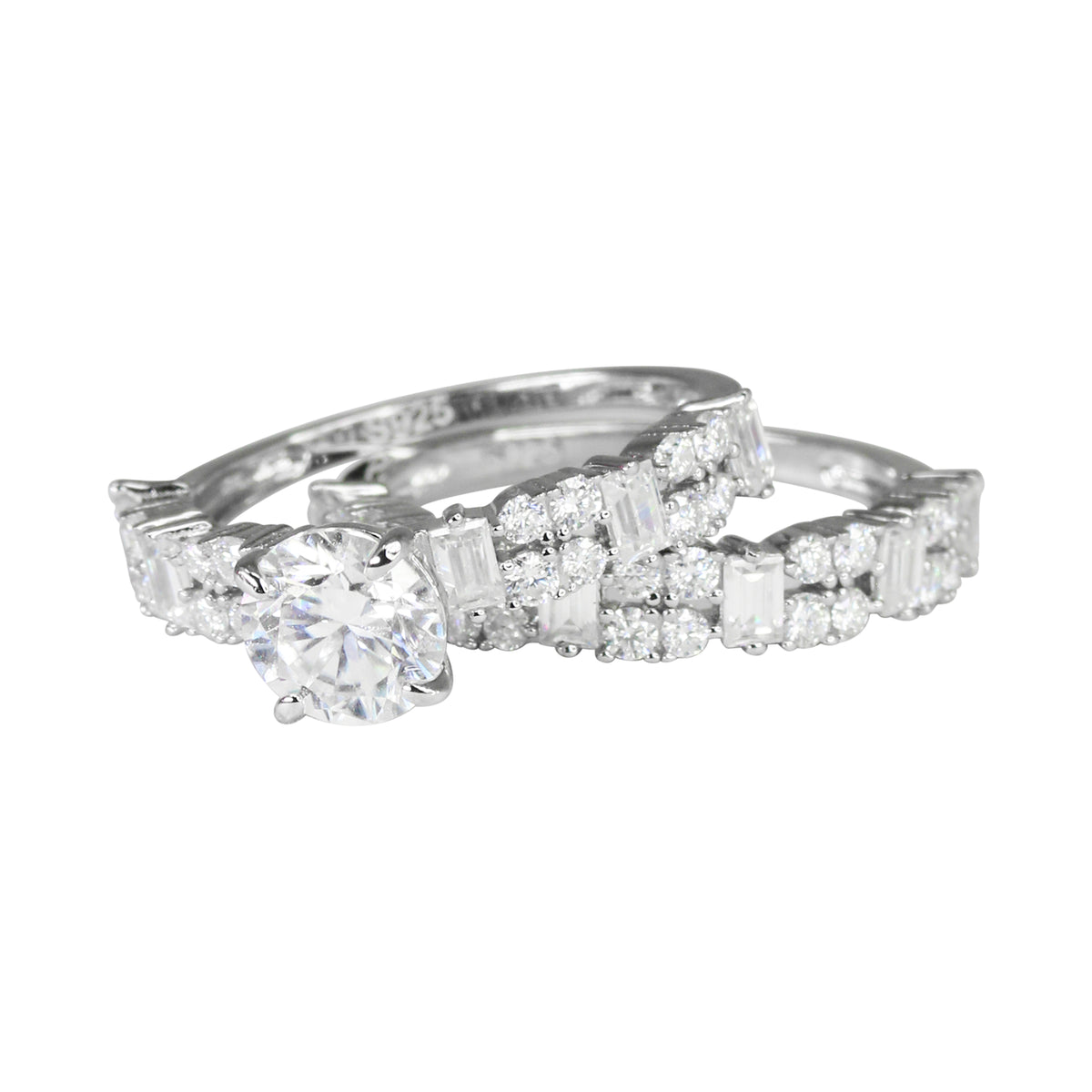 7mm Iced Out 2 Piece 3.41CT Moissanite Round Cut Halo & Baguette Pavé Band Ring Set in Premium Sterling Silver