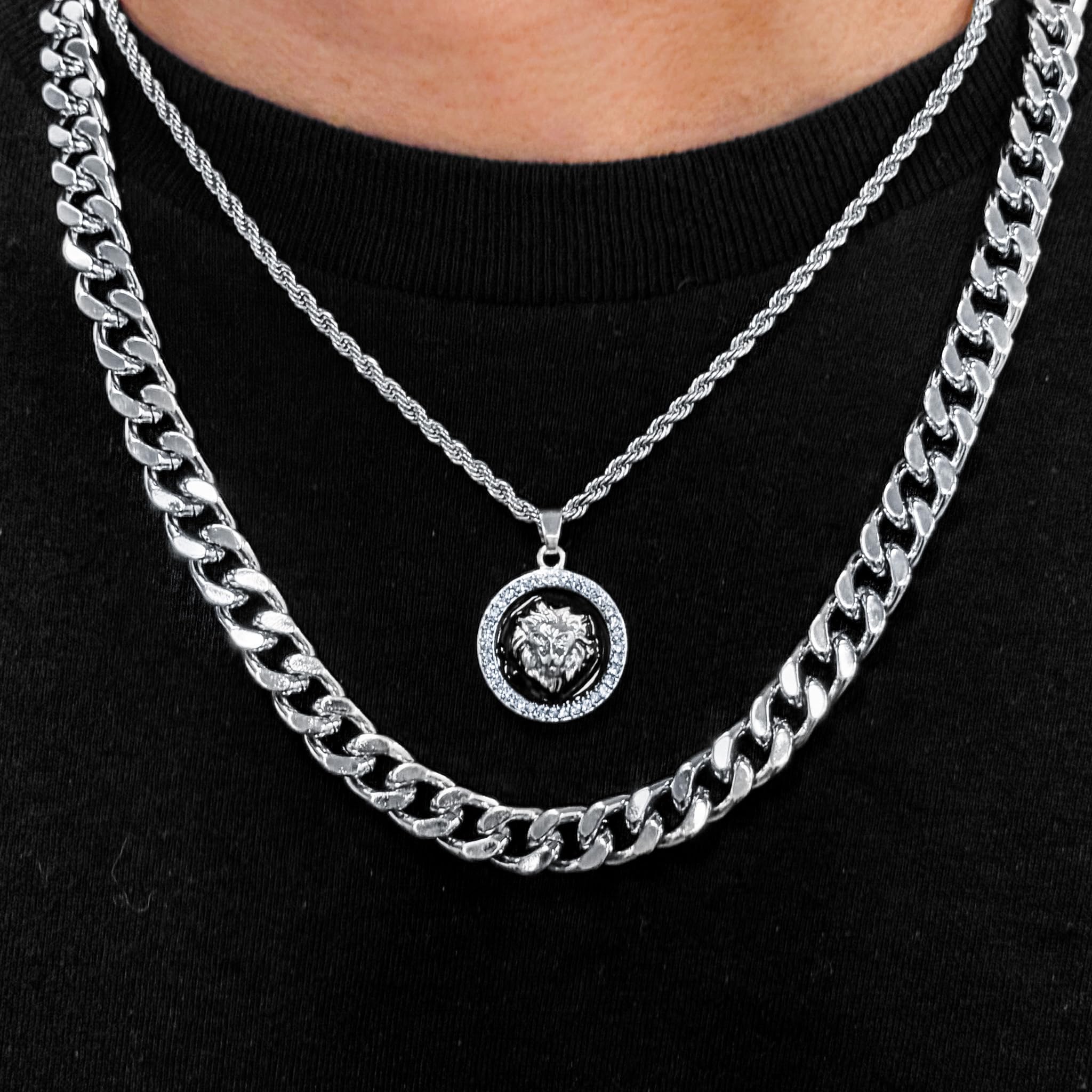 Men's Lion Pendant Necklace and Cuban Chain Set