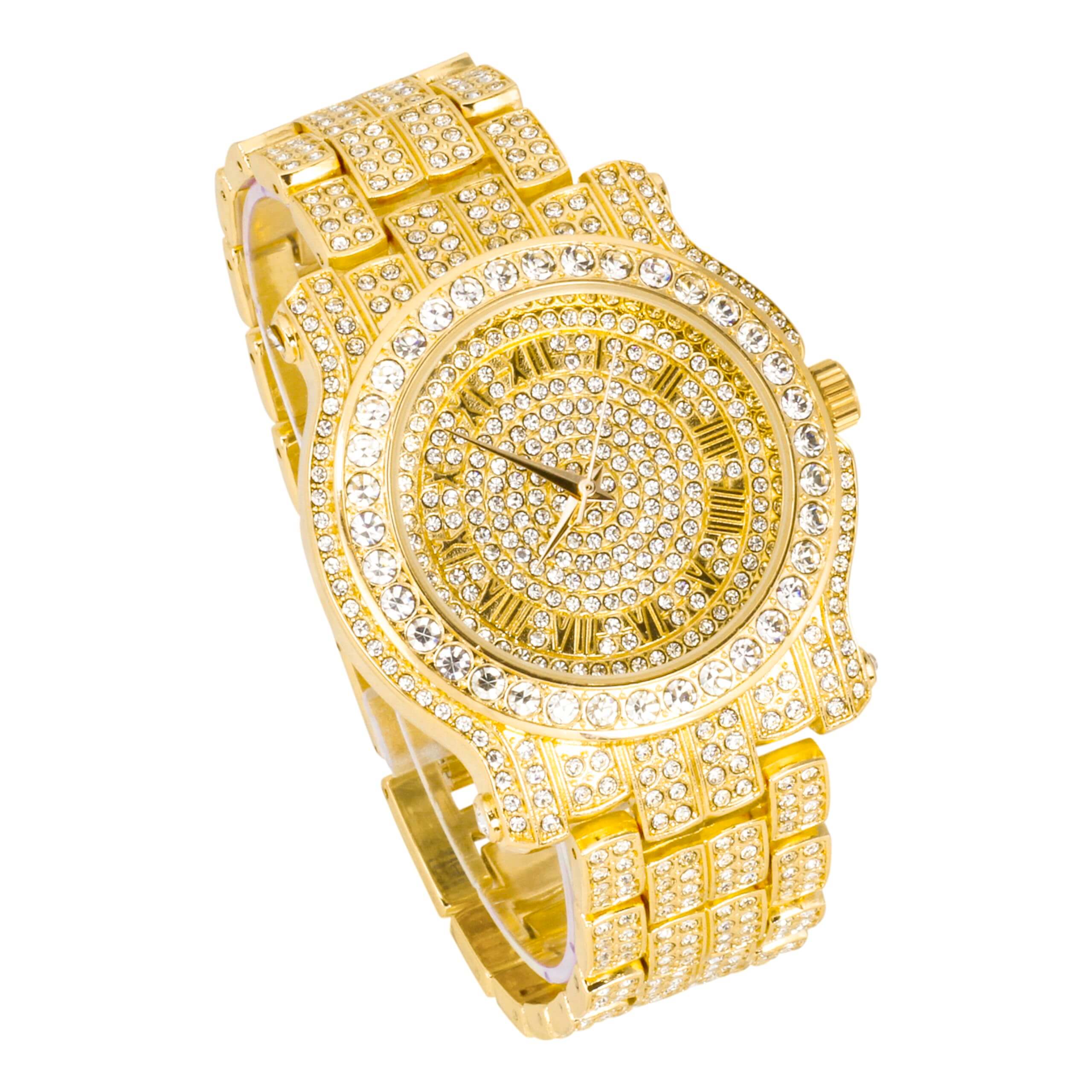 Men's 45mm Iced Out Roman Dial Watch & Cuban Bracelet Set