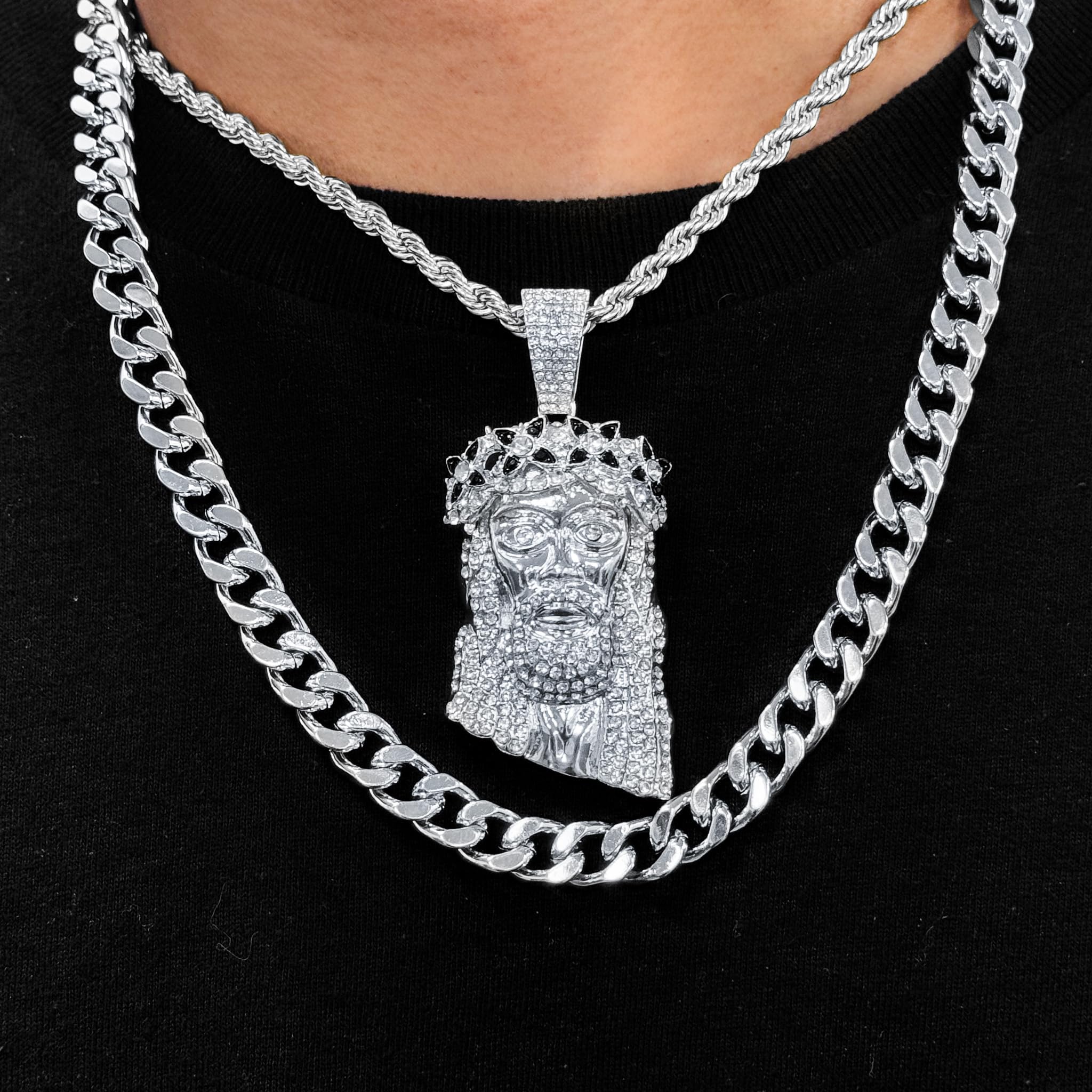 Men's Jesus Pendant Necklace and Cuban Chain Set