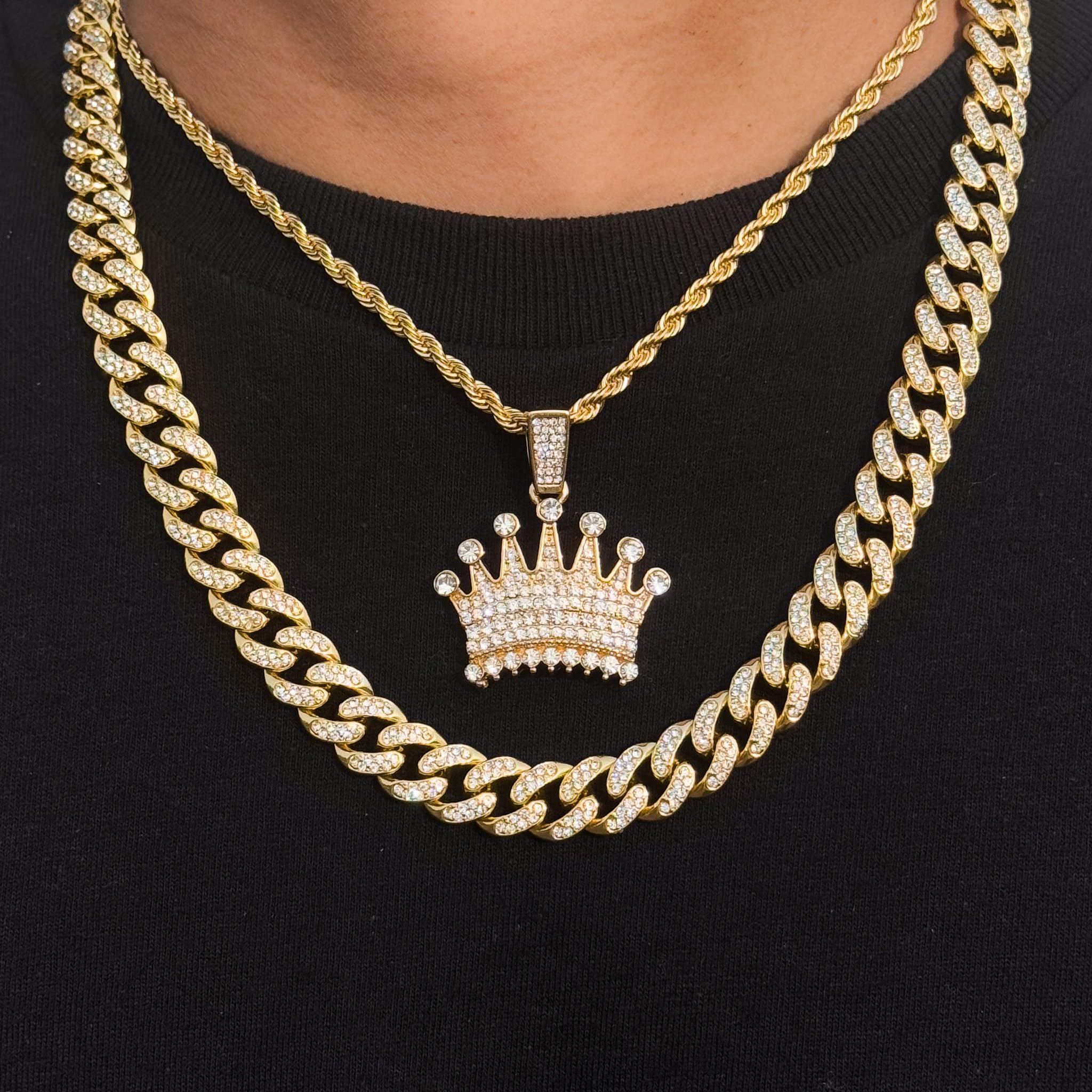 Men's Iced Out Crown Pendant Necklace and Cuban Chain Set