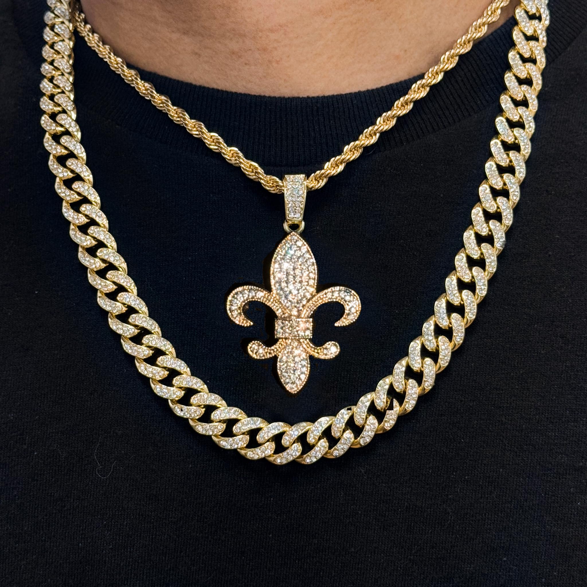Men's Iced Out Fleur-De-Lis Pendant Necklace and Cuban Chain Set
