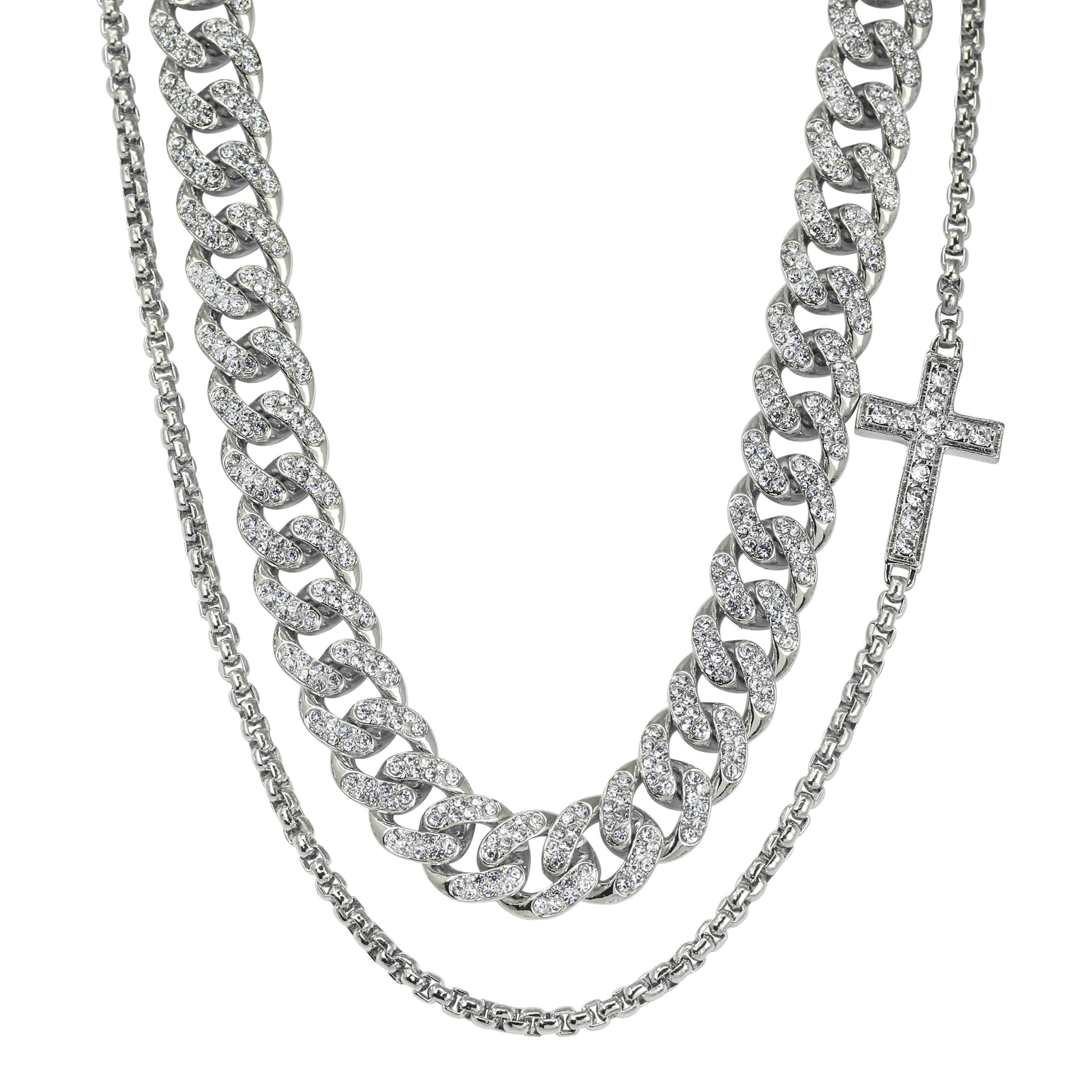 Men's Iced Out Sideways Cross Pendant Necklace and Cuban Chain Set