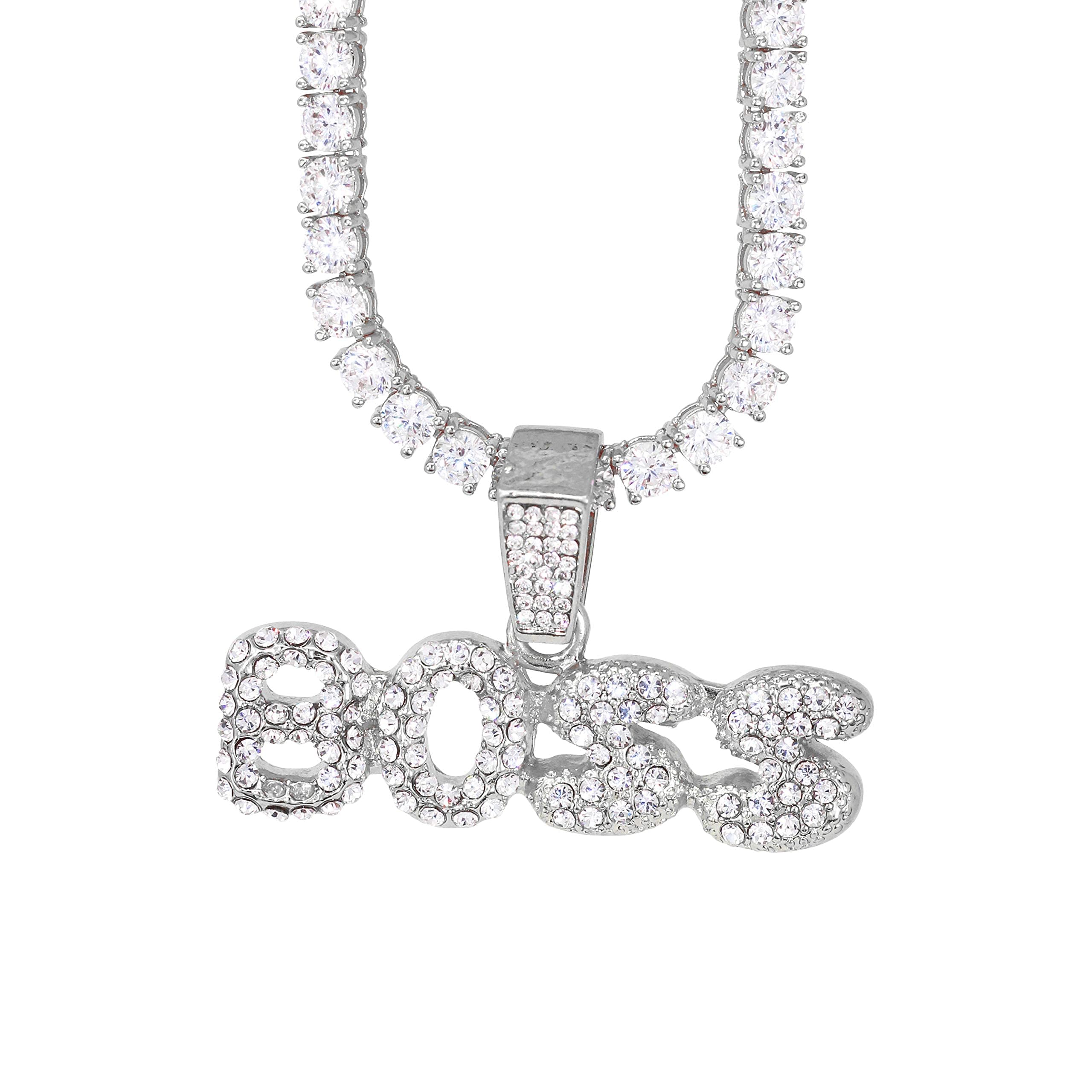 Iced Out Word Pendant Necklace with Tennis Chain – 20 Inches