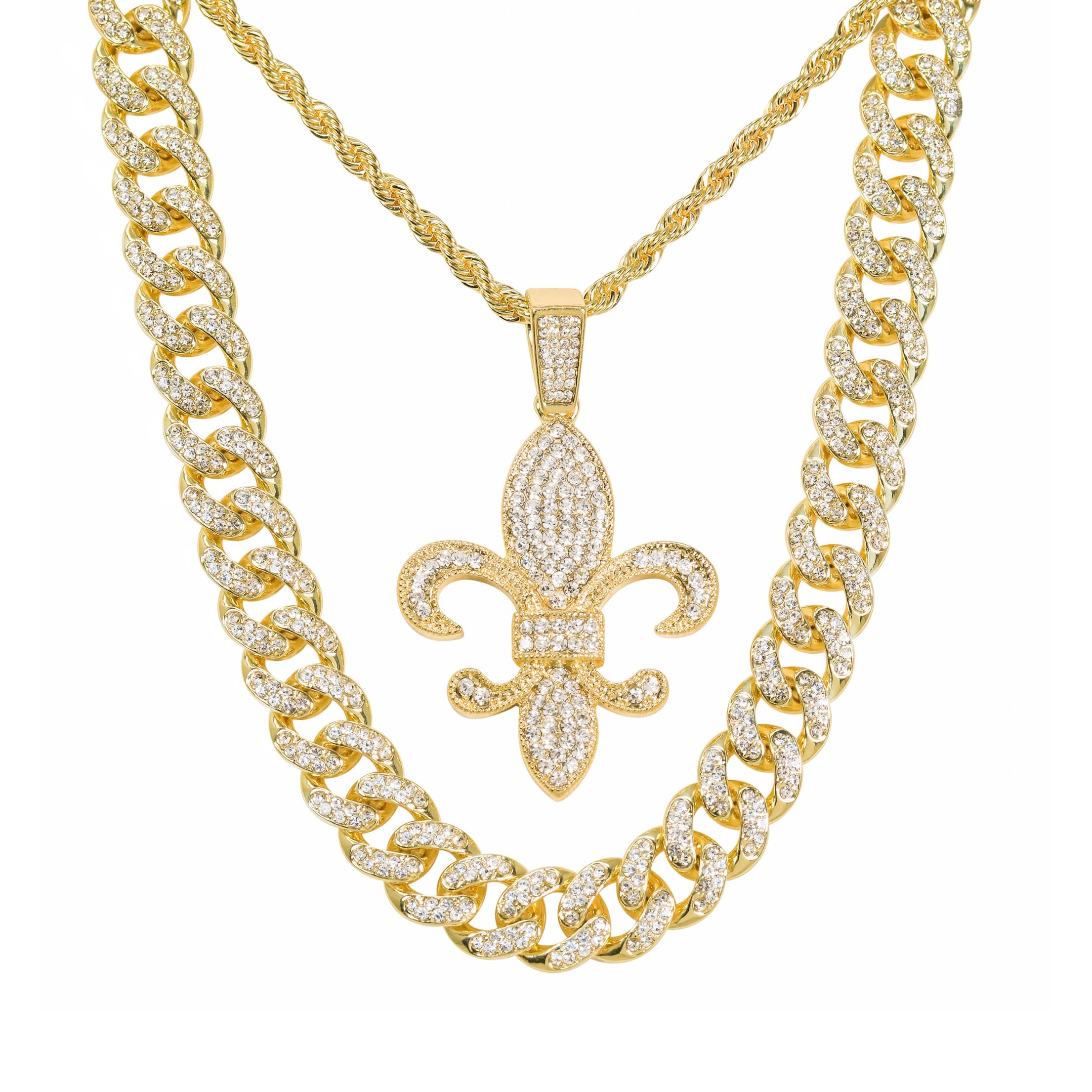 Men's Iced Out Fleur-De-Lis Pendant Necklace and Cuban Chain Set