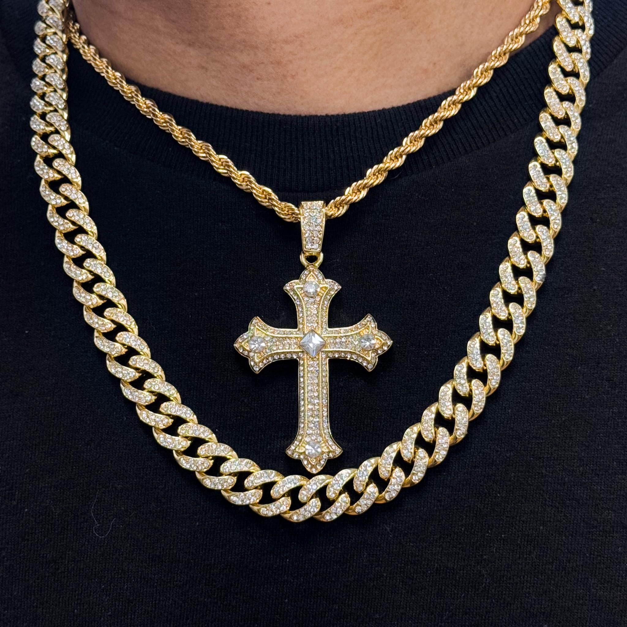 Men's Iced Out Cross Pendant Necklace and Cuban Chain Set