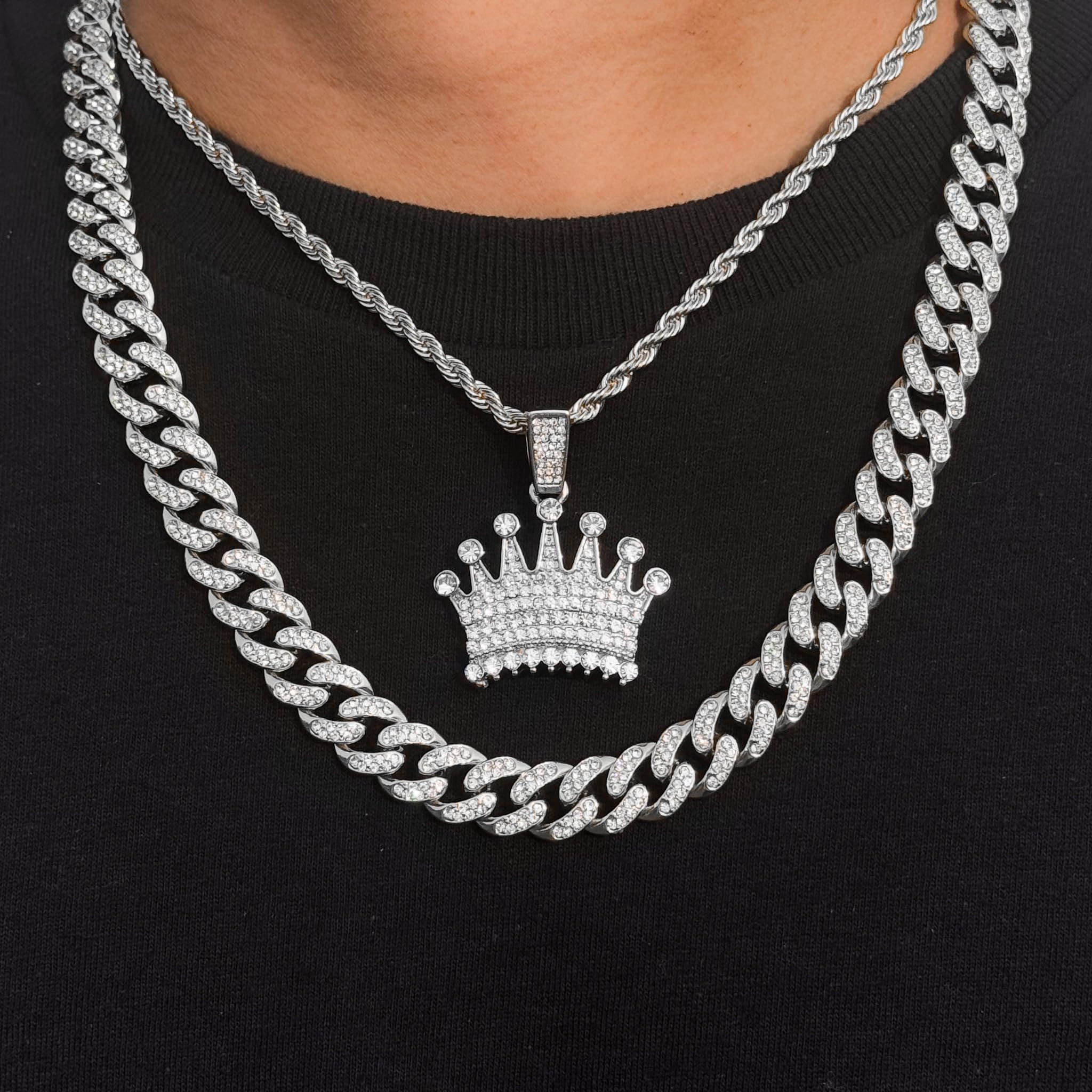 Men's Iced Out Crown Pendant Necklace and Cuban Chain Set