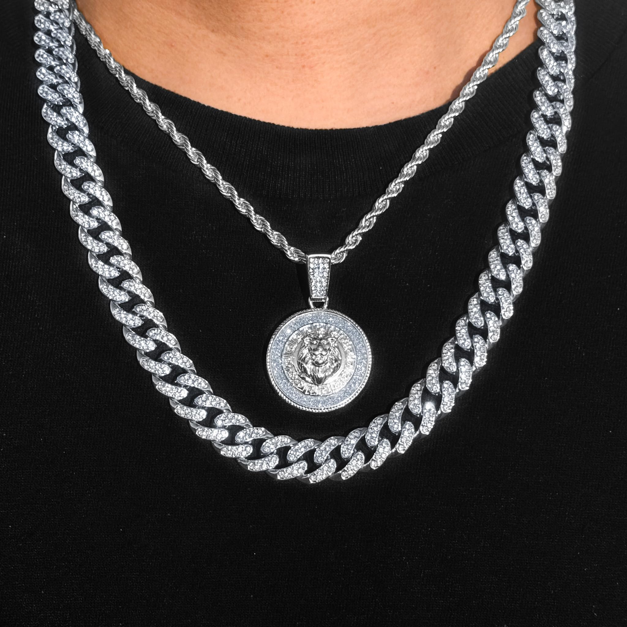 Men's Iced Out Lion Pendant Necklace and Cuban Chain Set