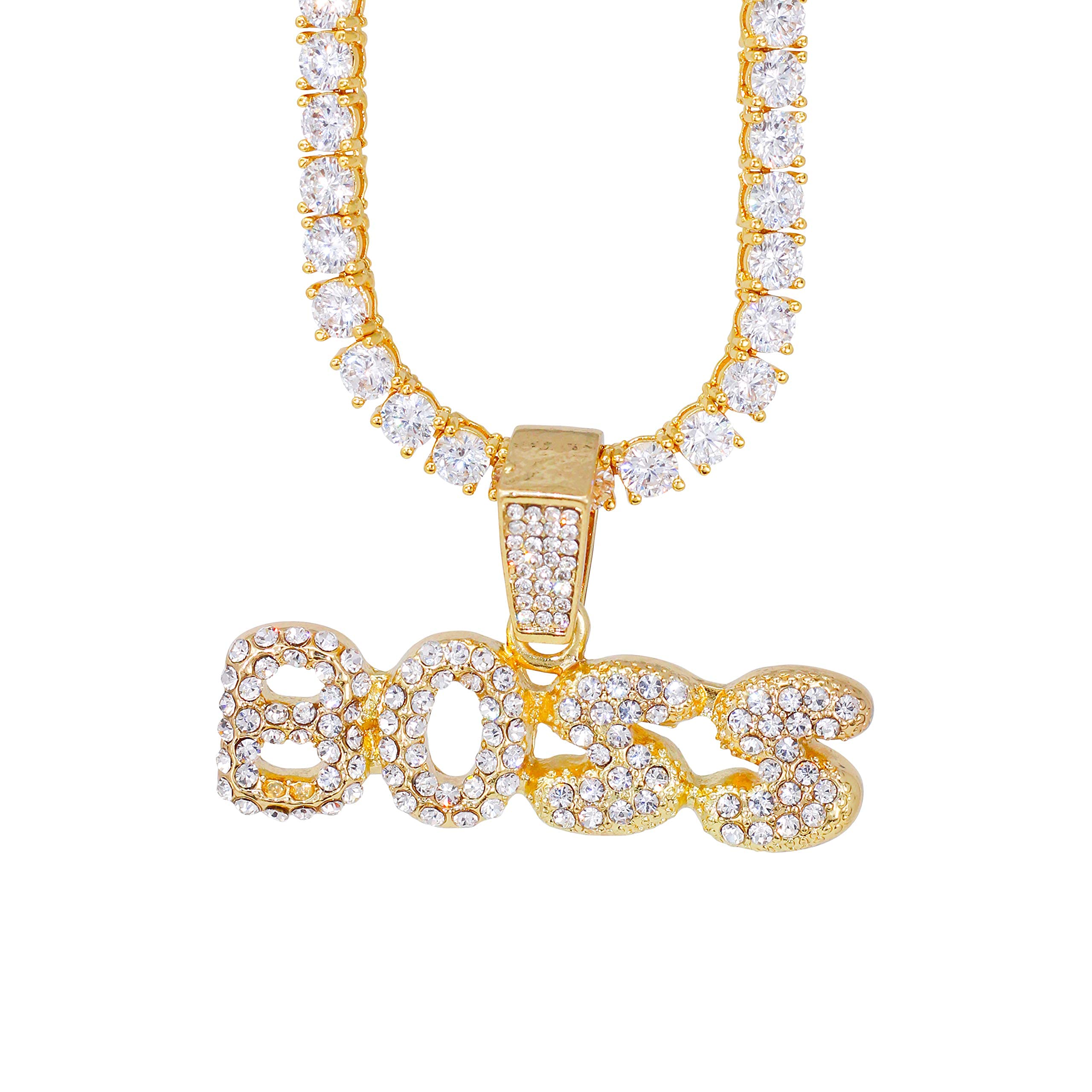 Iced Out Word Pendant Necklace with Tennis Chain – 20 Inches