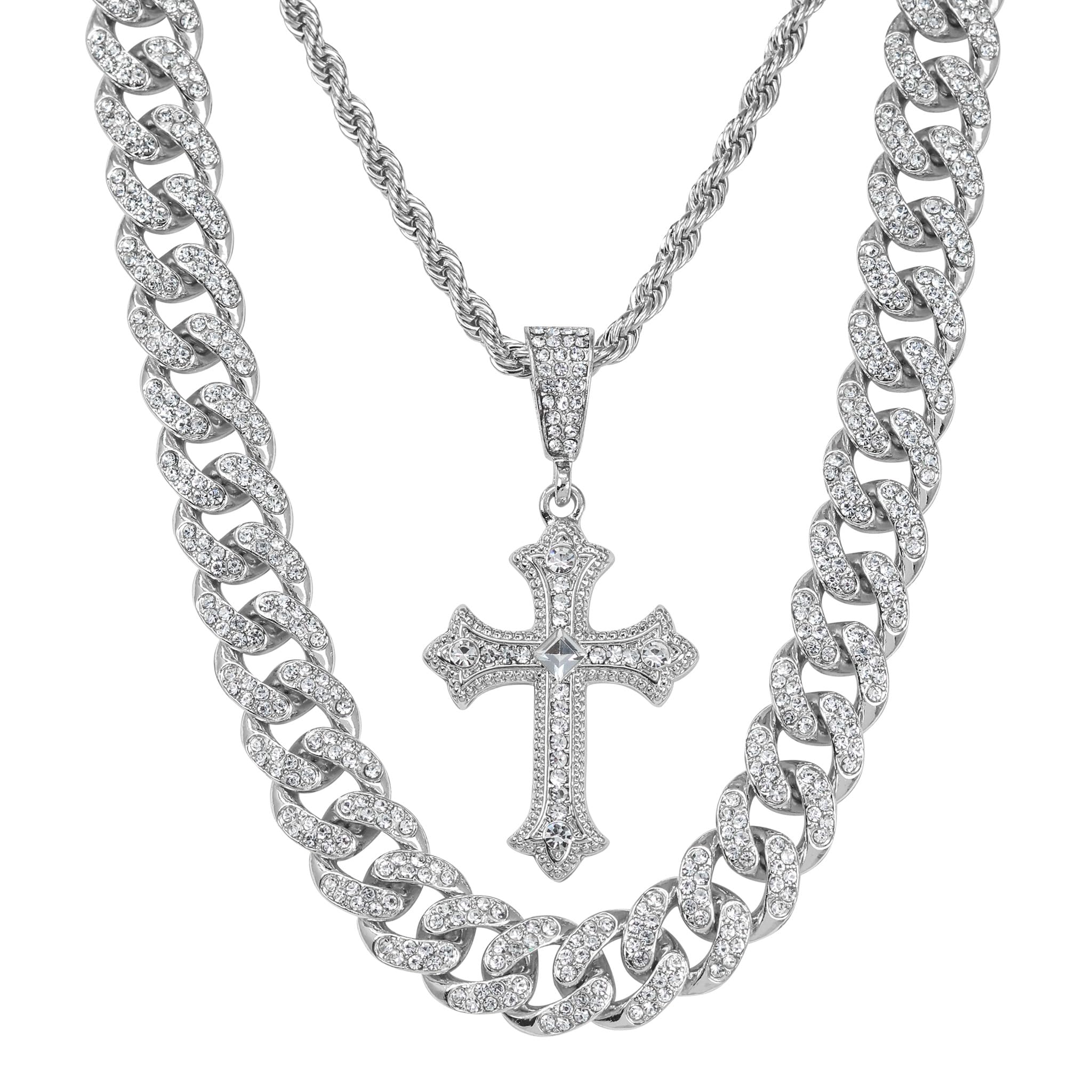 Men's Iced Out Cross Pendant Necklace and Cuban Chain Set