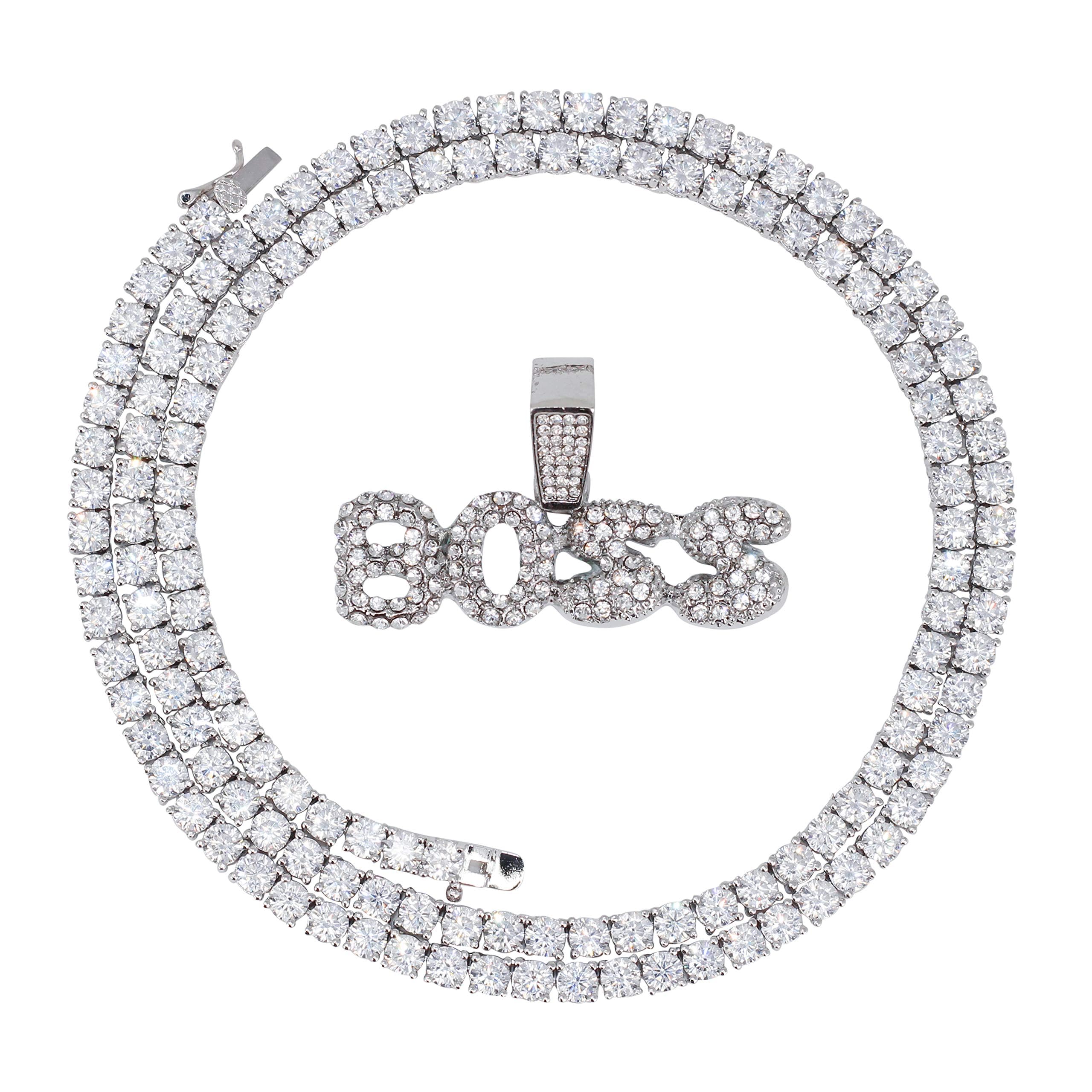Iced Out Word Pendant Necklace with Tennis Chain – 20 Inches
