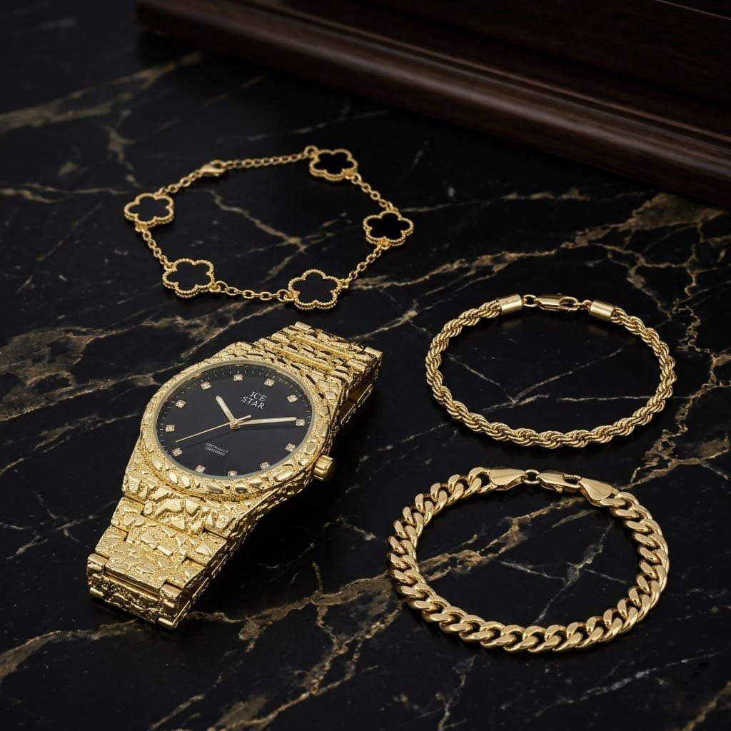Men's 45mm Diamond Accent Nugget Watch & 3 Bracelet Set