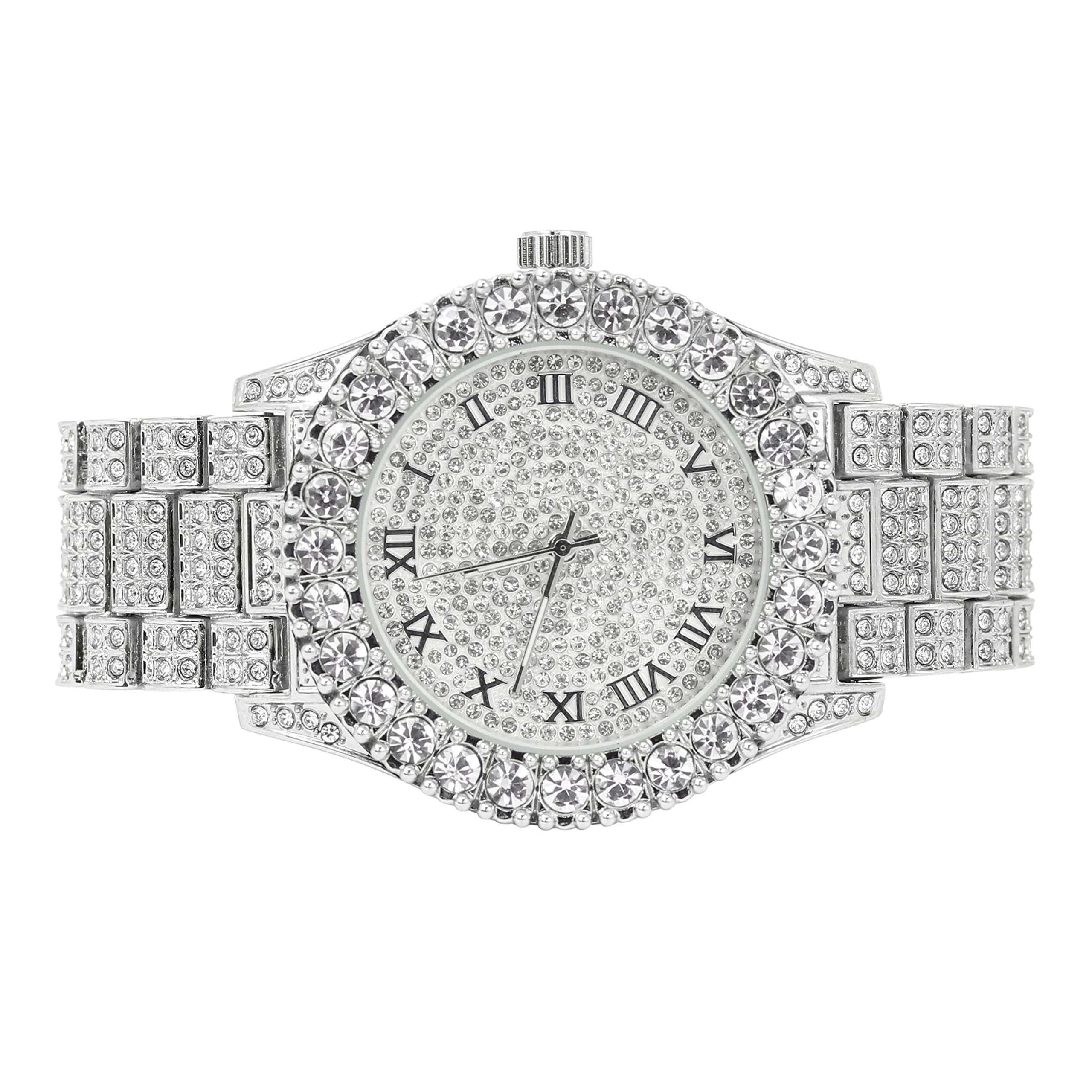 Women’s 44mm Fully Iced Out Solitaire Bezel Watch - Metal Band, Quartz Movement