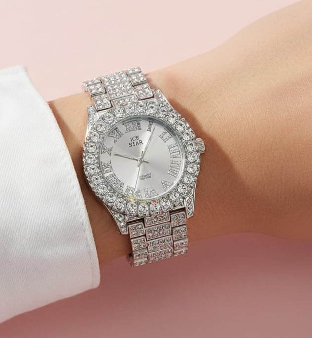 Women’s 44mm Iced Out Solitaire Bezel Watch - Metal Band, Quartz Movement