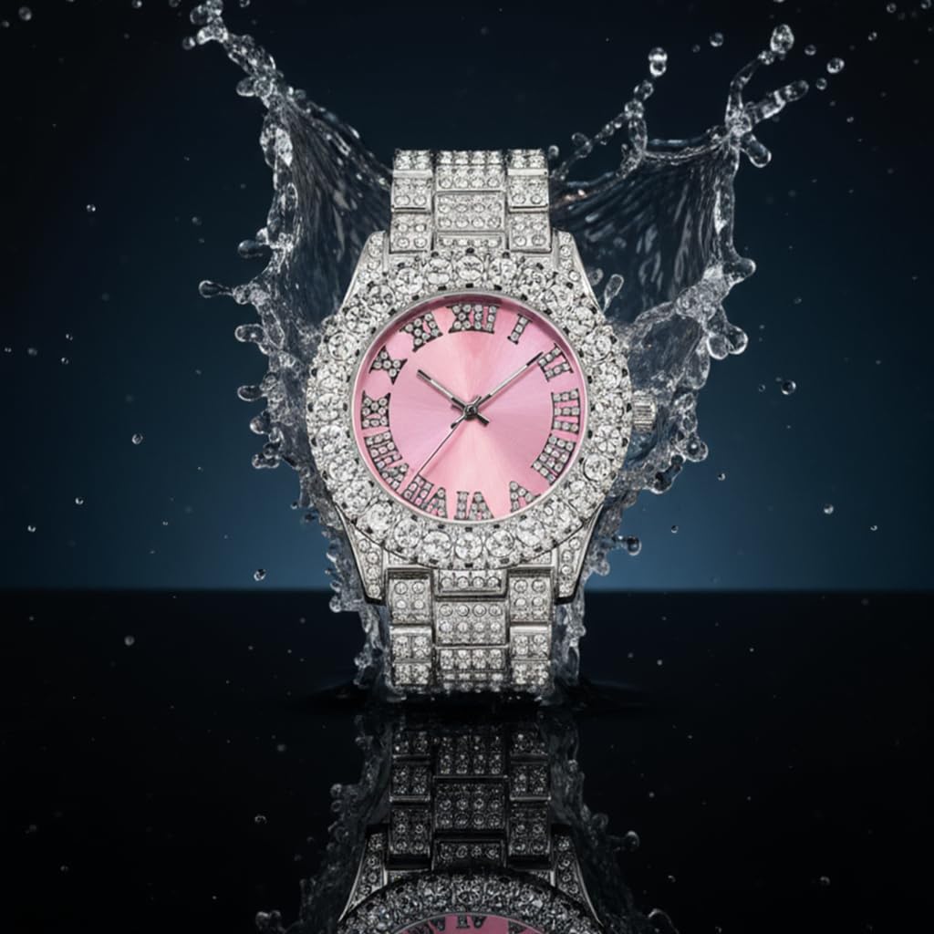 Women’s 44mm Iced Out Solitaire Bezel Watch - Metal Band, Quartz Movement