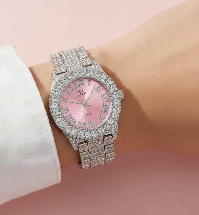 Women’s 44mm Iced Out Solitaire Bezel Watch - Metal Band, Quartz Movement