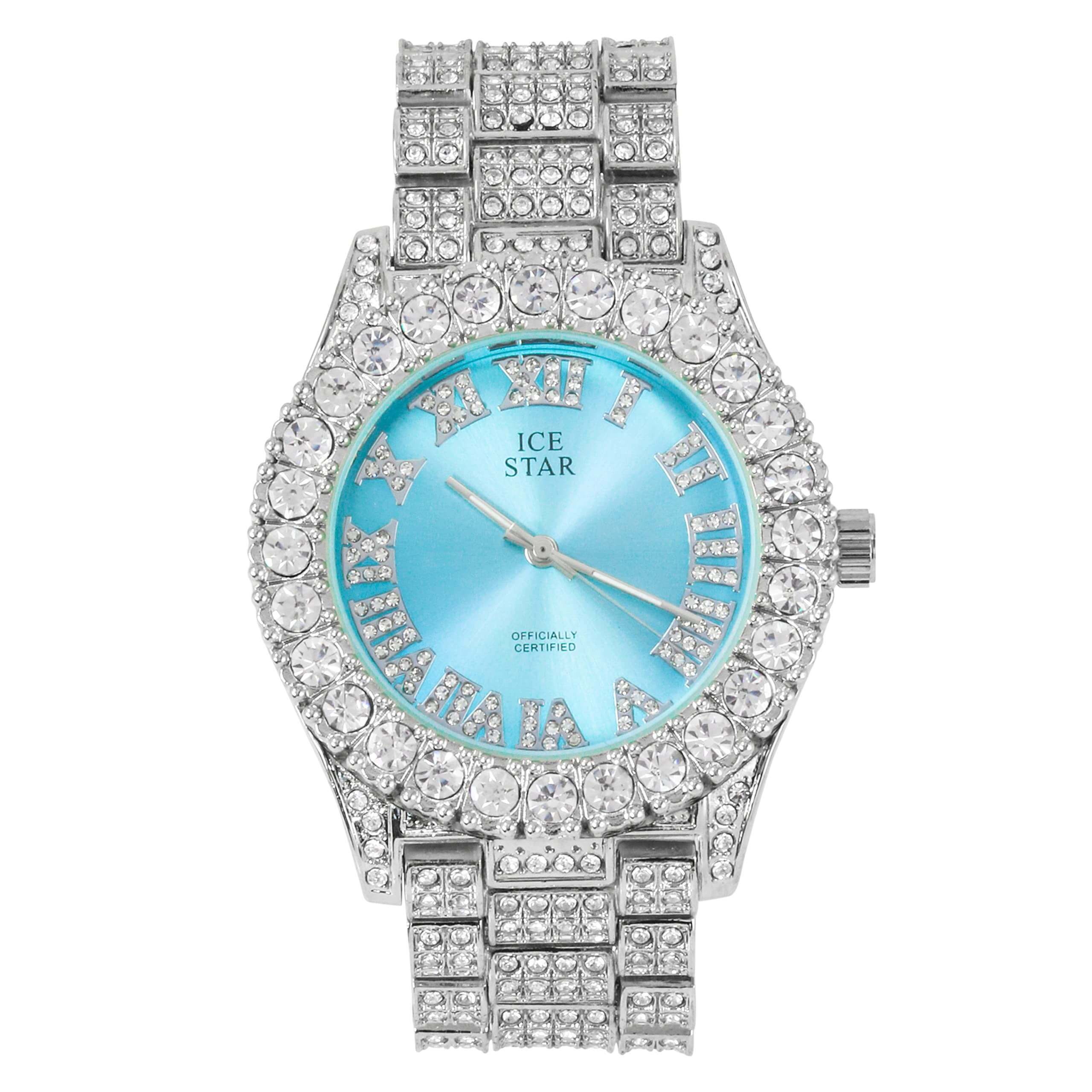 Women’s 44mm Iced Out Solitaire Bezel Watch - Metal Band, Quartz Movement