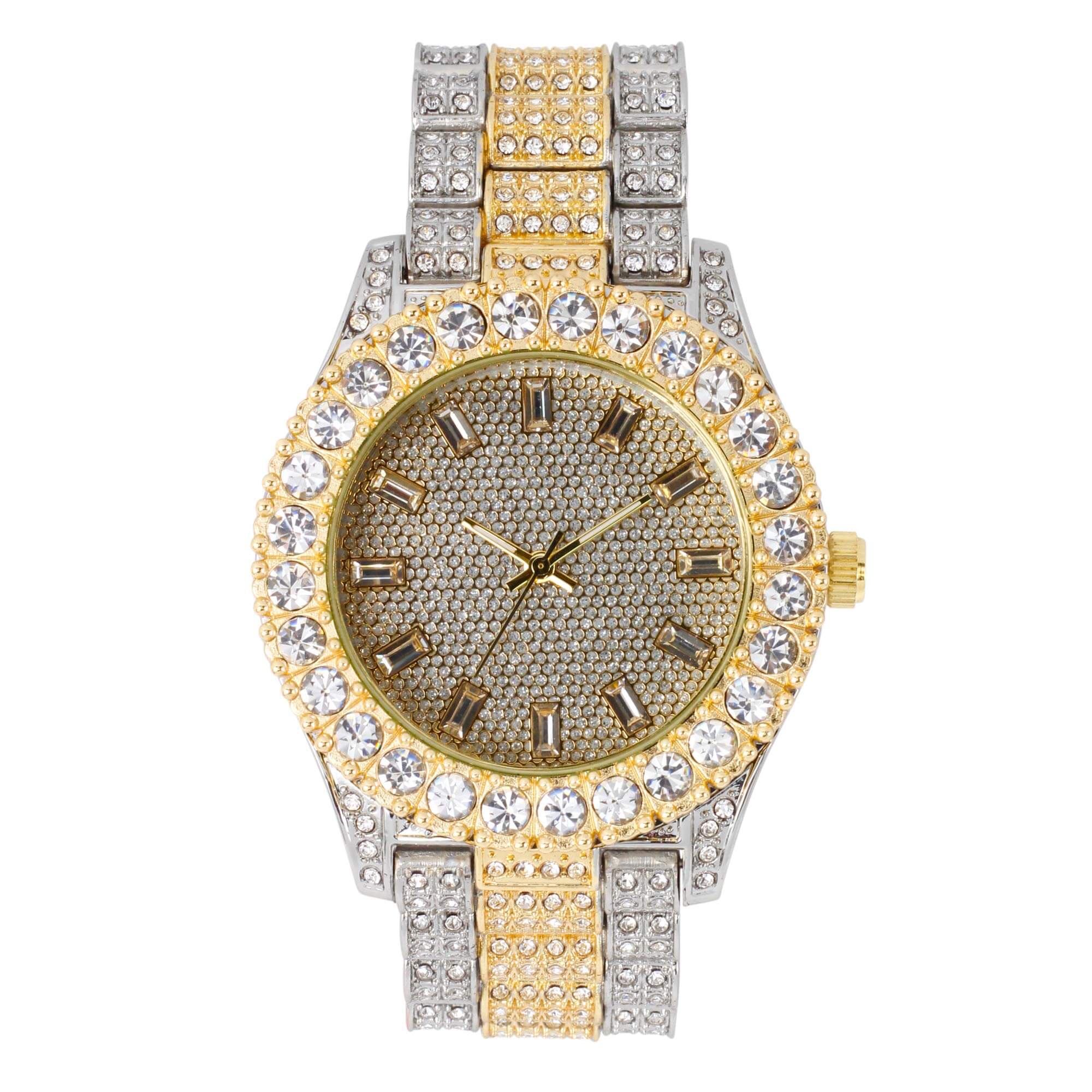 Women’s 44mm Iced Out Baguette Dial Watch - Metal Band, Quartz Movement