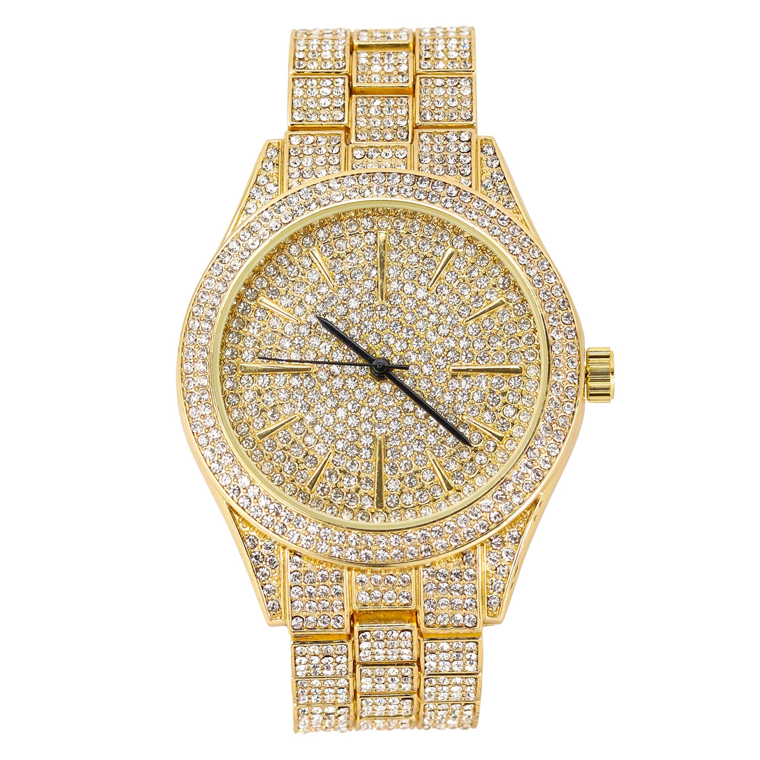 Men’s 42mm Iced Out Round Watch - Metal Band, Quartz Movement