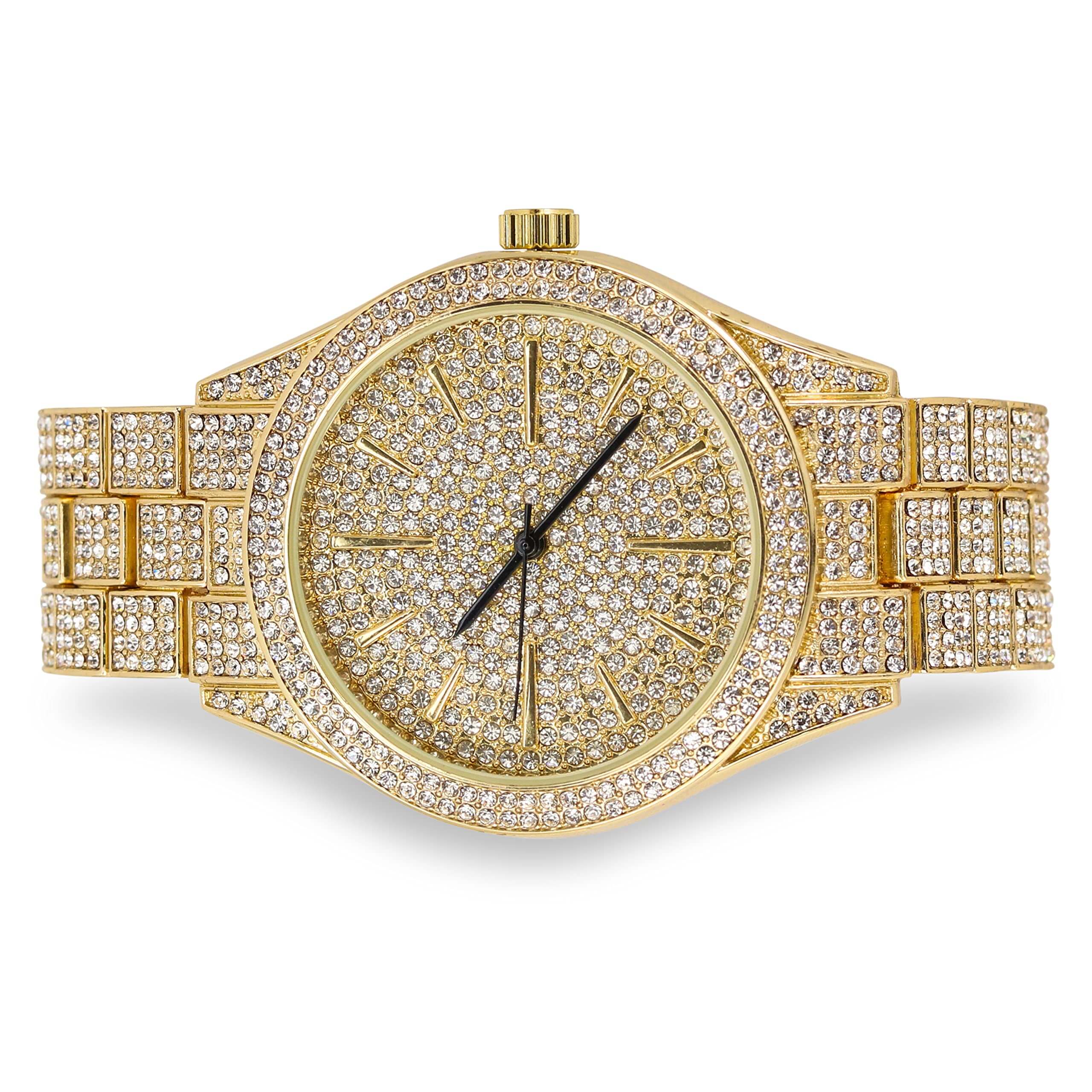 Men’s 42mm Iced Out Round Watch - Metal Band, Quartz Movement