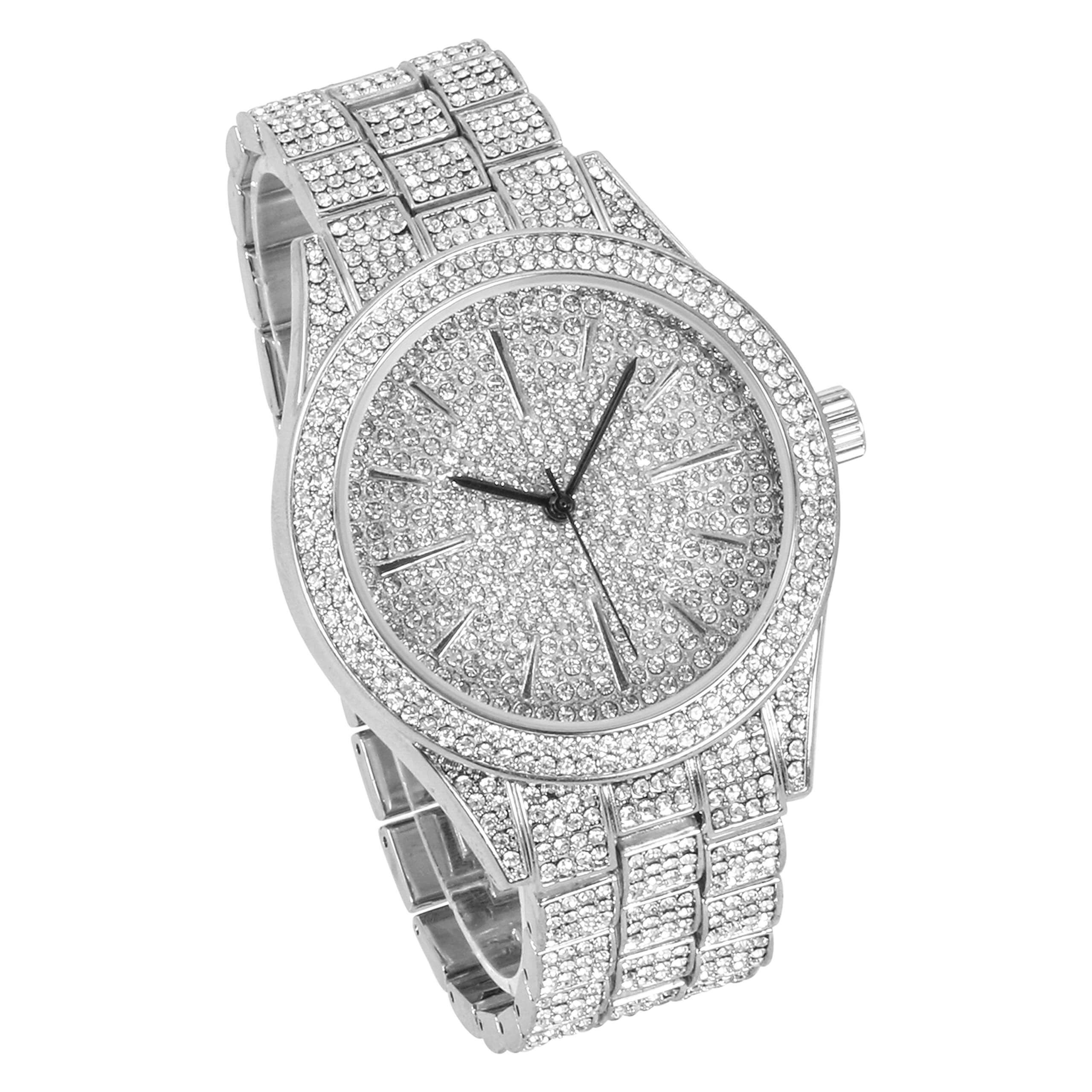 Men’s 42mm Iced Out Round Watch - Metal Band, Quartz Movement
