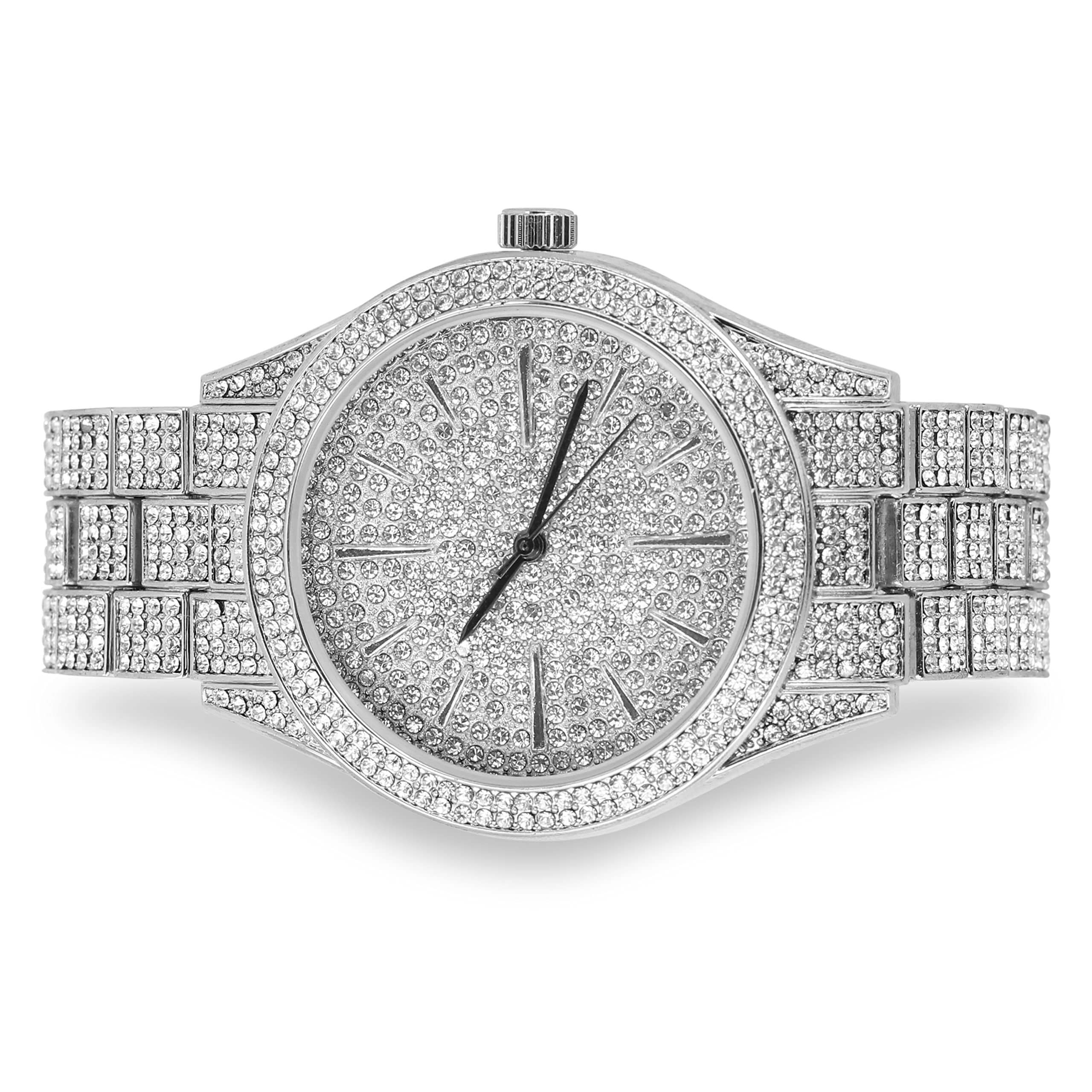 Men’s 42mm Iced Out Round Watch - Metal Band, Quartz Movement