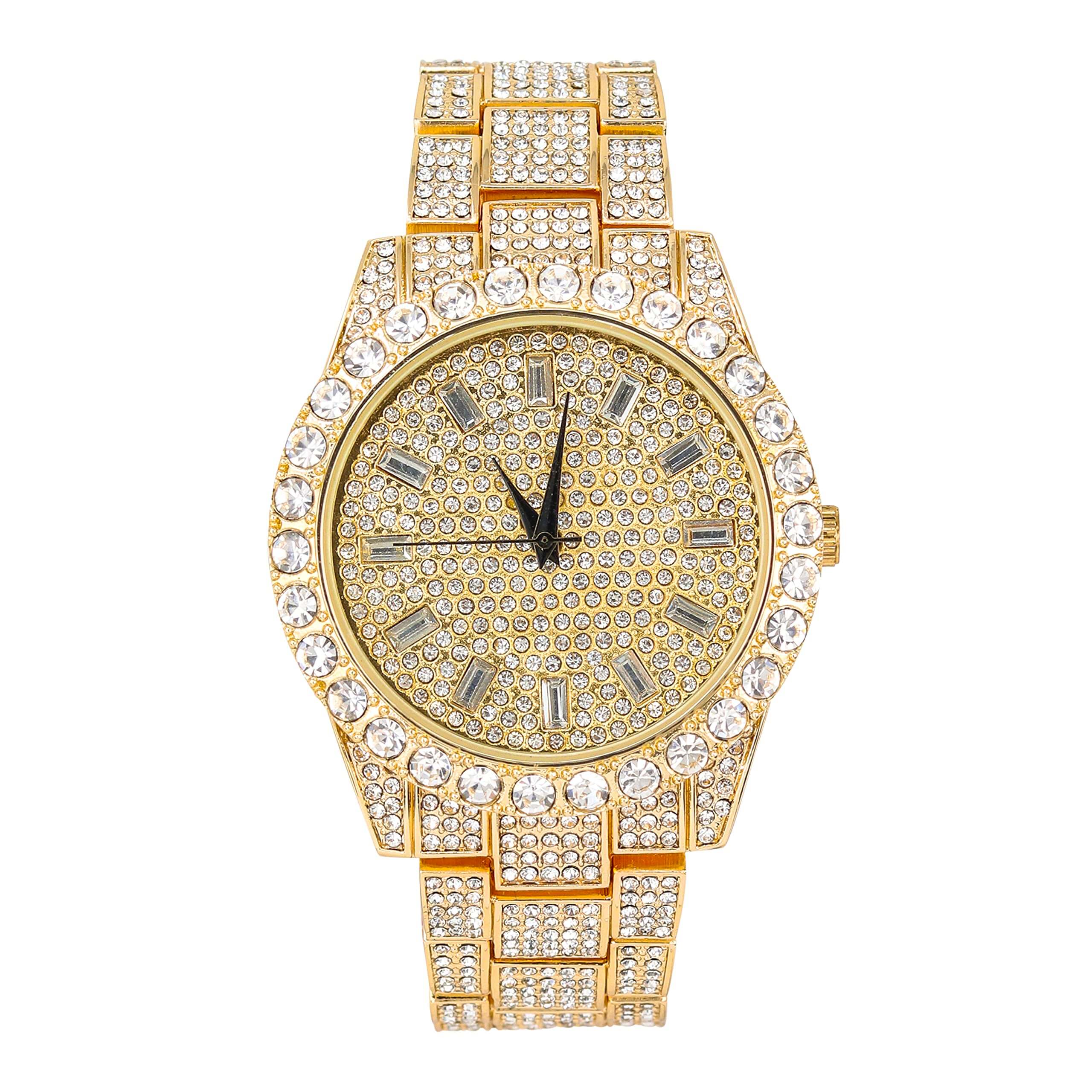 Men’s 44mm Iced Out Diamond Watch - Metal Band, Quartz Movement