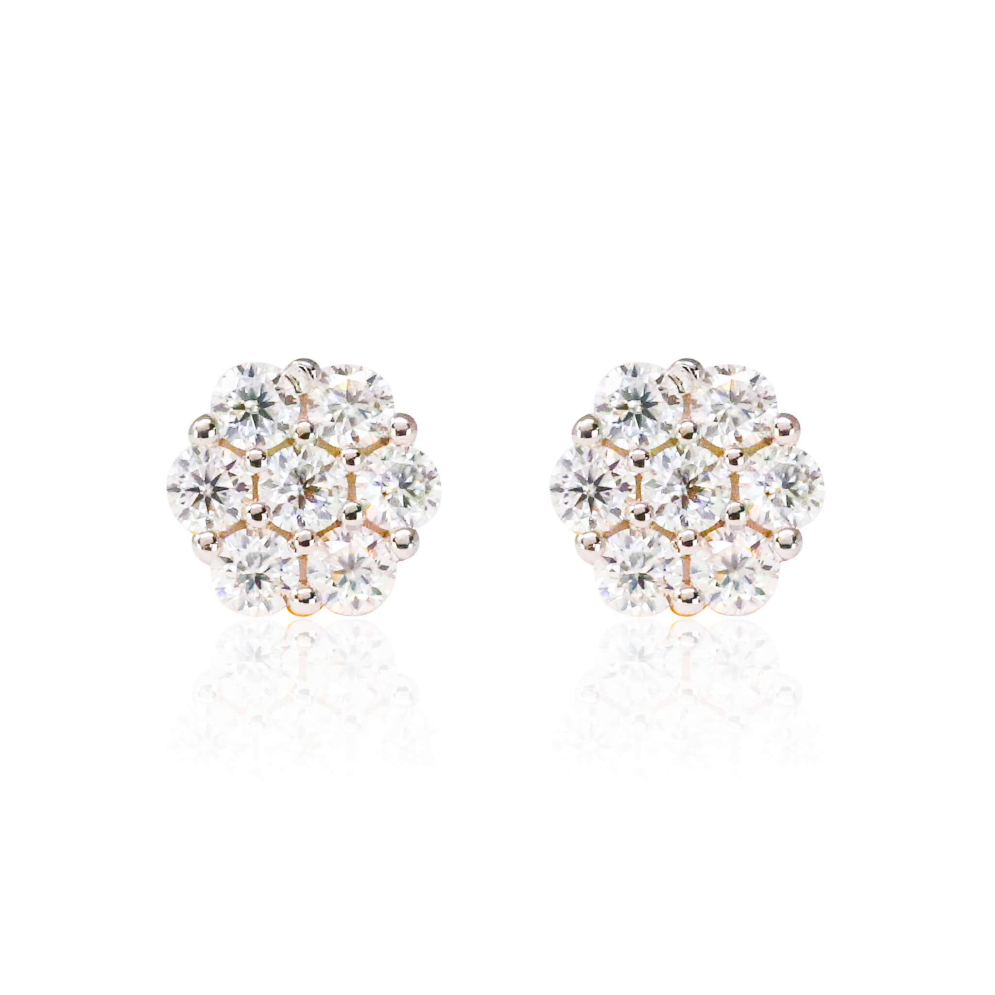 8mm floral moissanite cluster earrings in sterling silver with sparkling round stones.