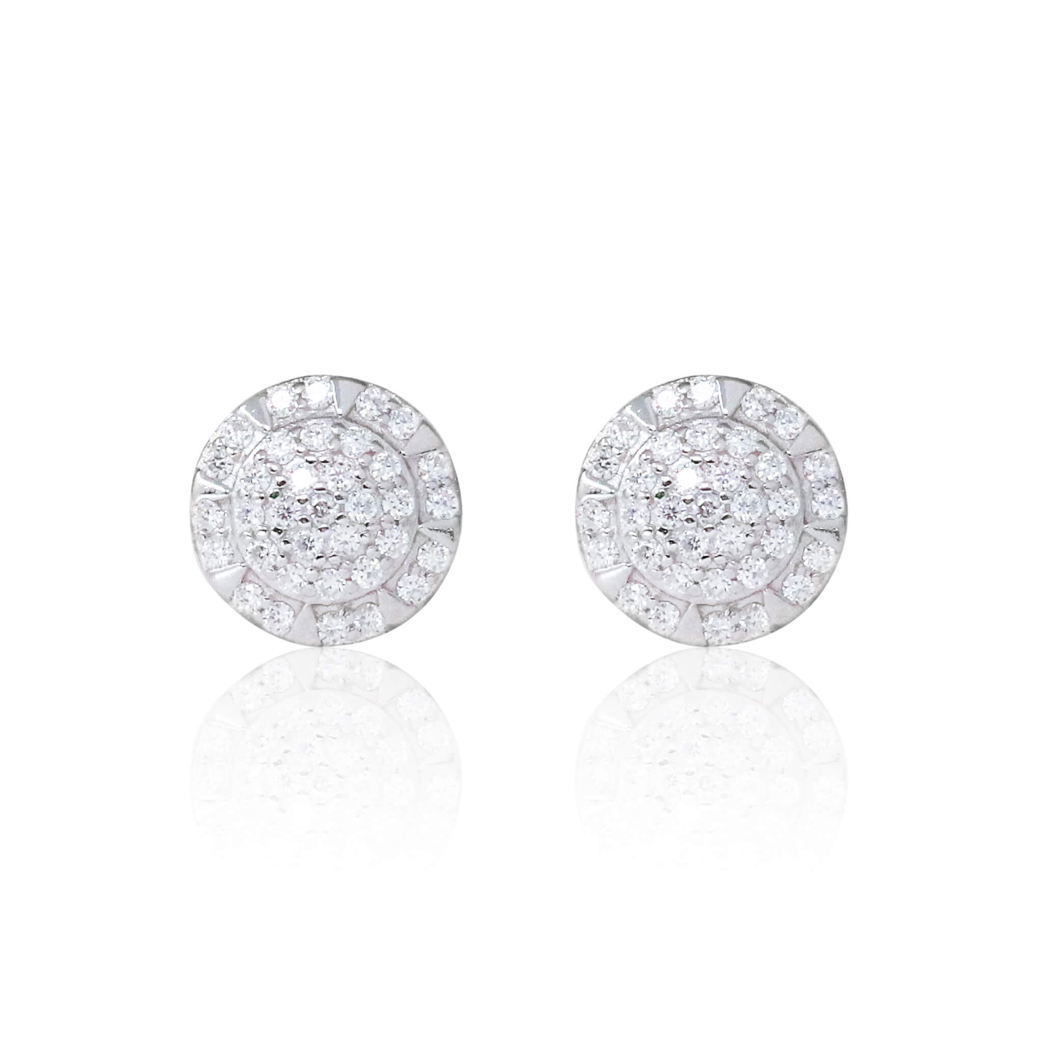 8mm moissanite cluster earrings in sterling silver with round pavé diamonds in circular design.