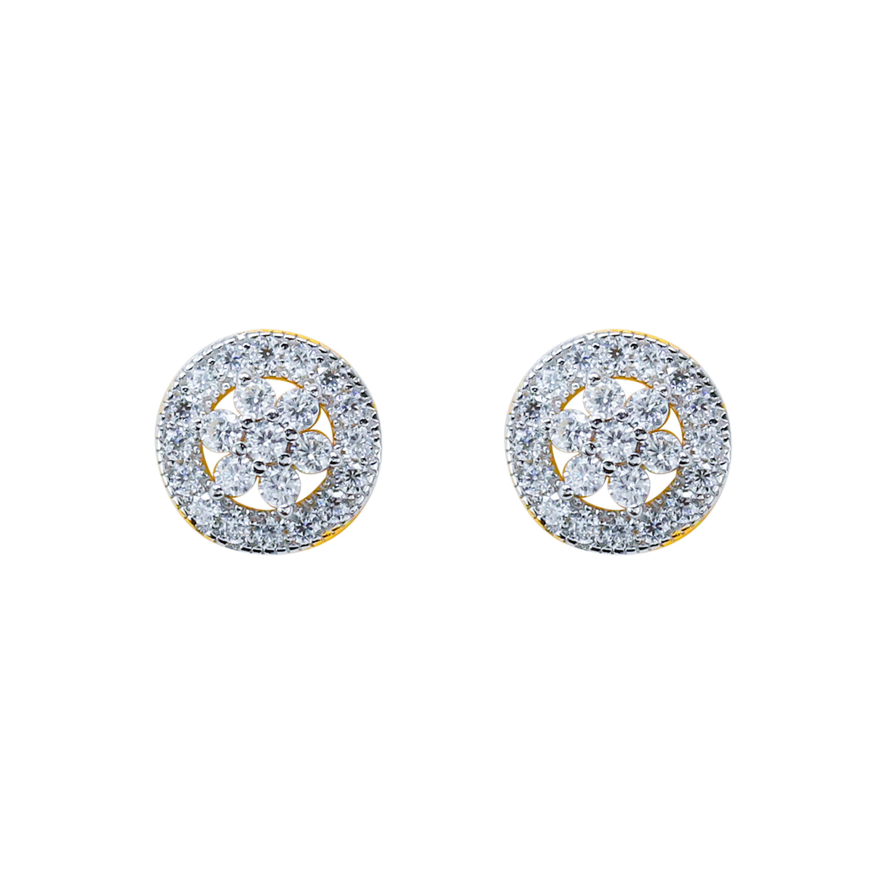 8mm sterling silver moissanite cluster earrings with round diamond halo and floral center.