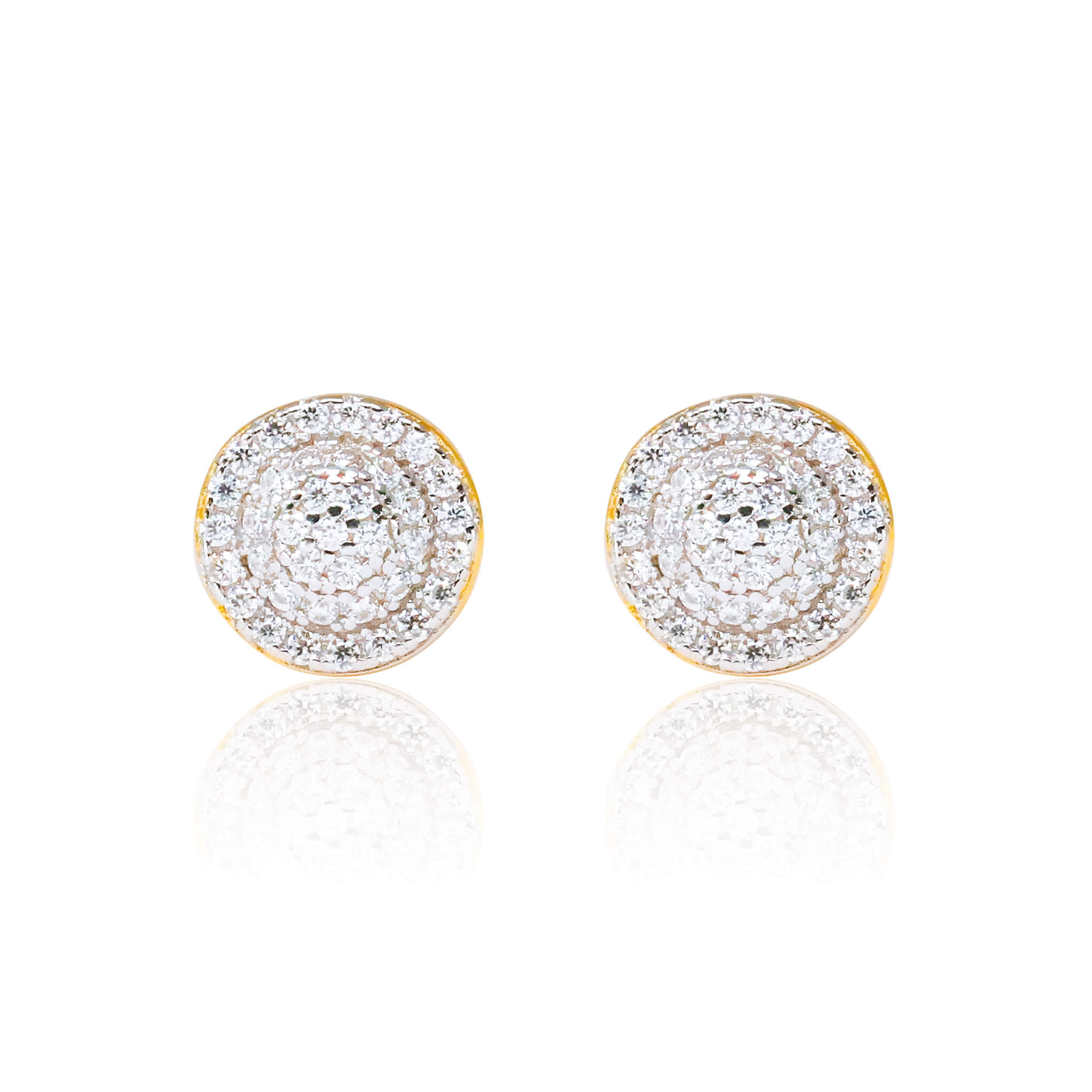 8mm round Moissanite cluster earrings with halo design in gold-plated sterling silver studs.