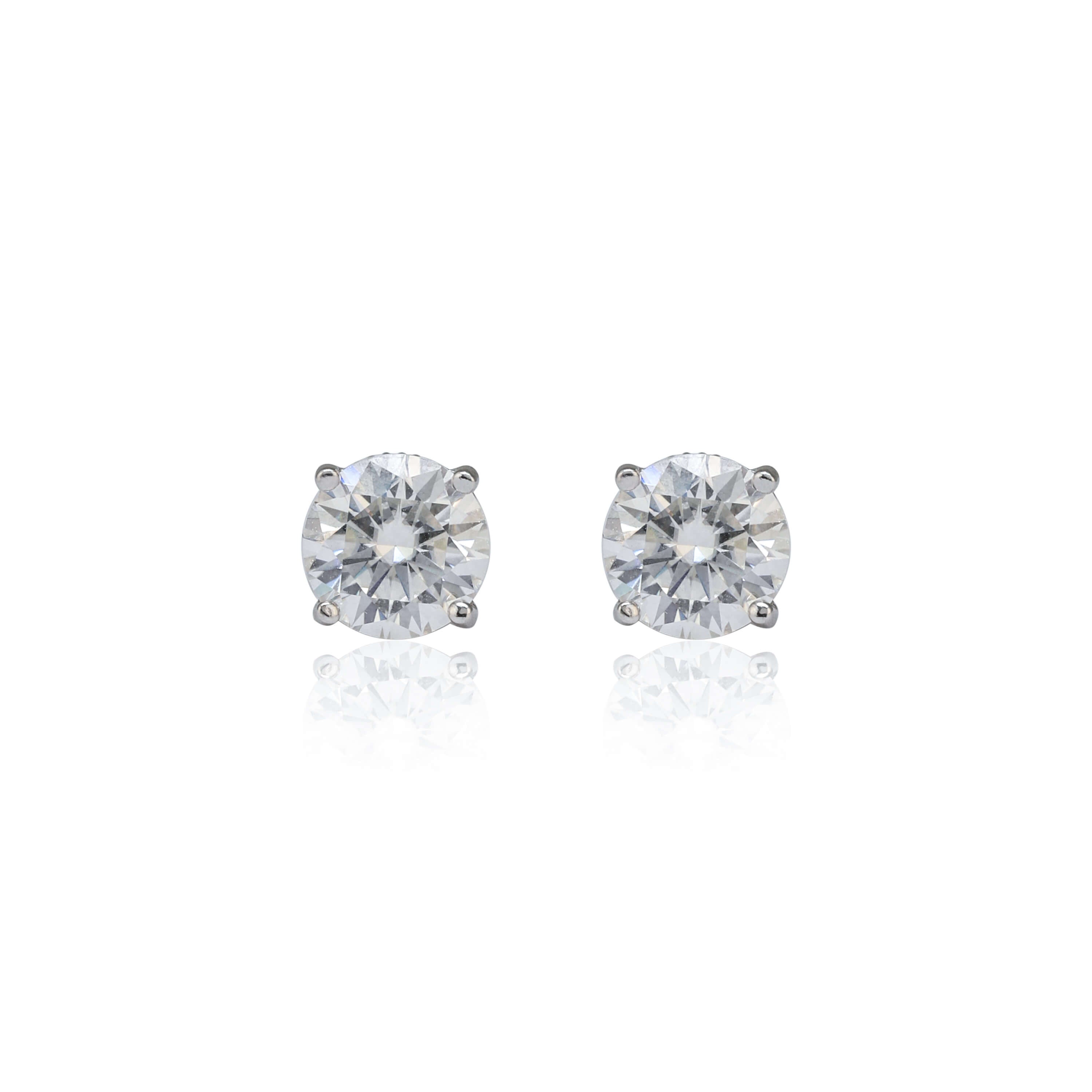 8mm round moissanite solitaire earrings in sterling silver with brilliant 3.2ct stones on white background.