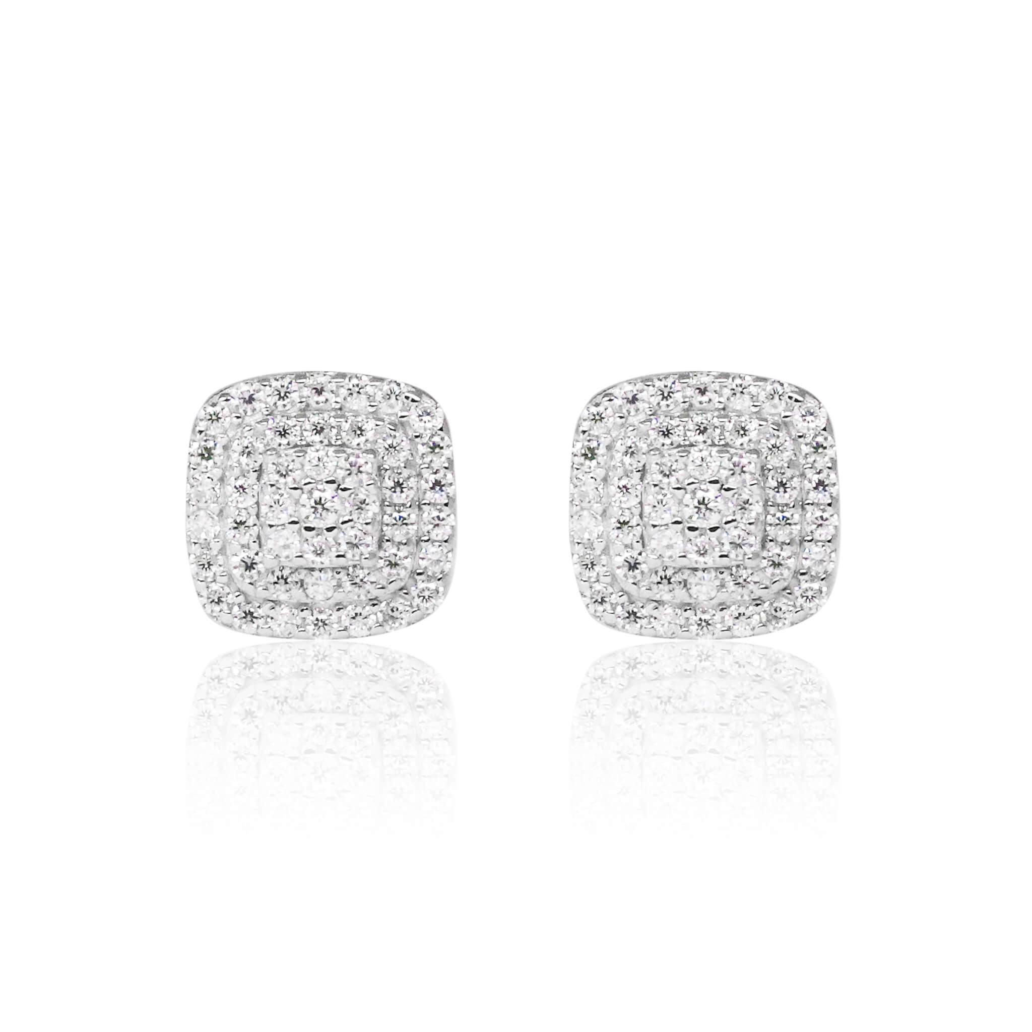 8mm square moissanite cluster earrings with triple halo diamonds in sterling silver, elegant stud design.