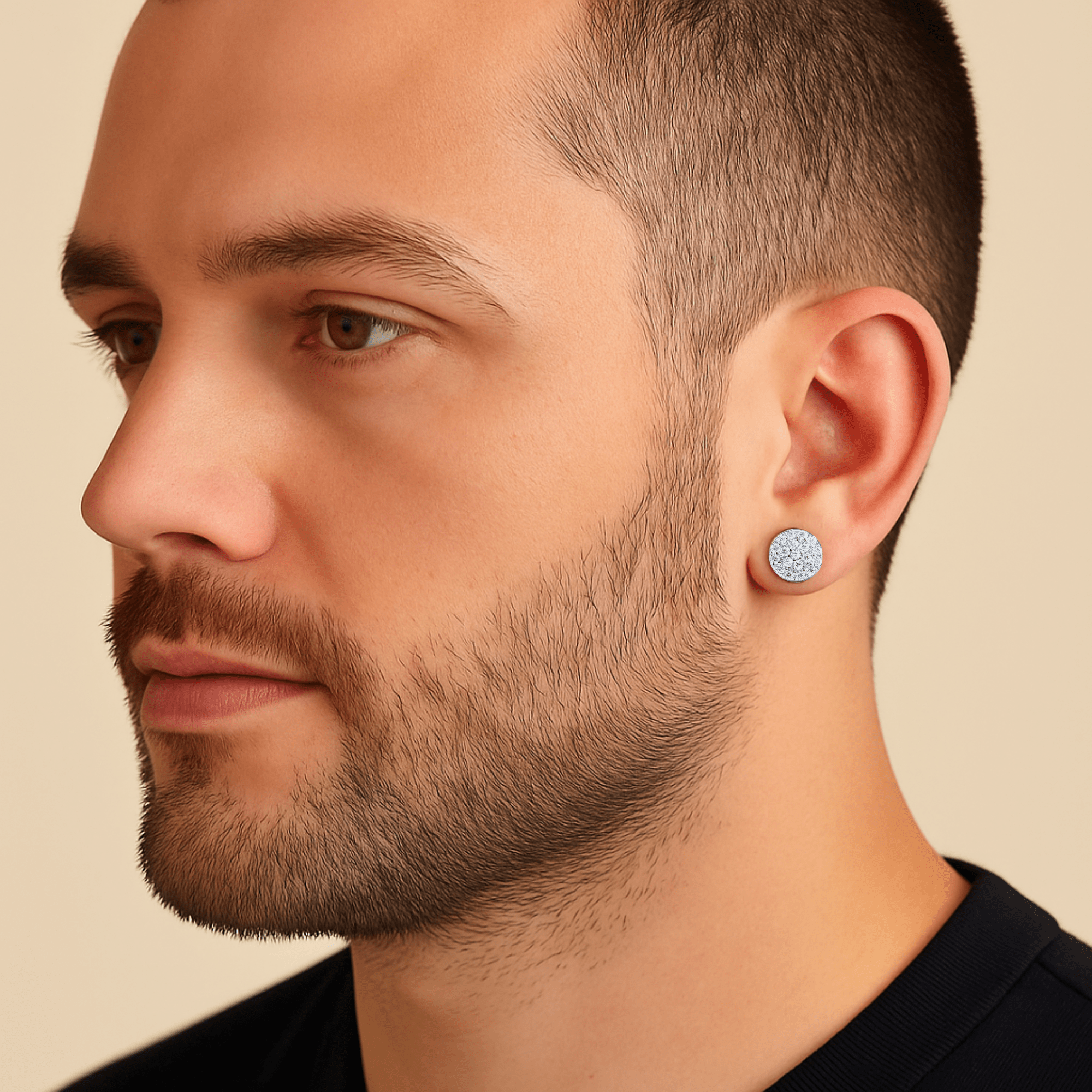 6mm round moissanite cluster stud earring worn on ear, pavé sterling silver diamond look.