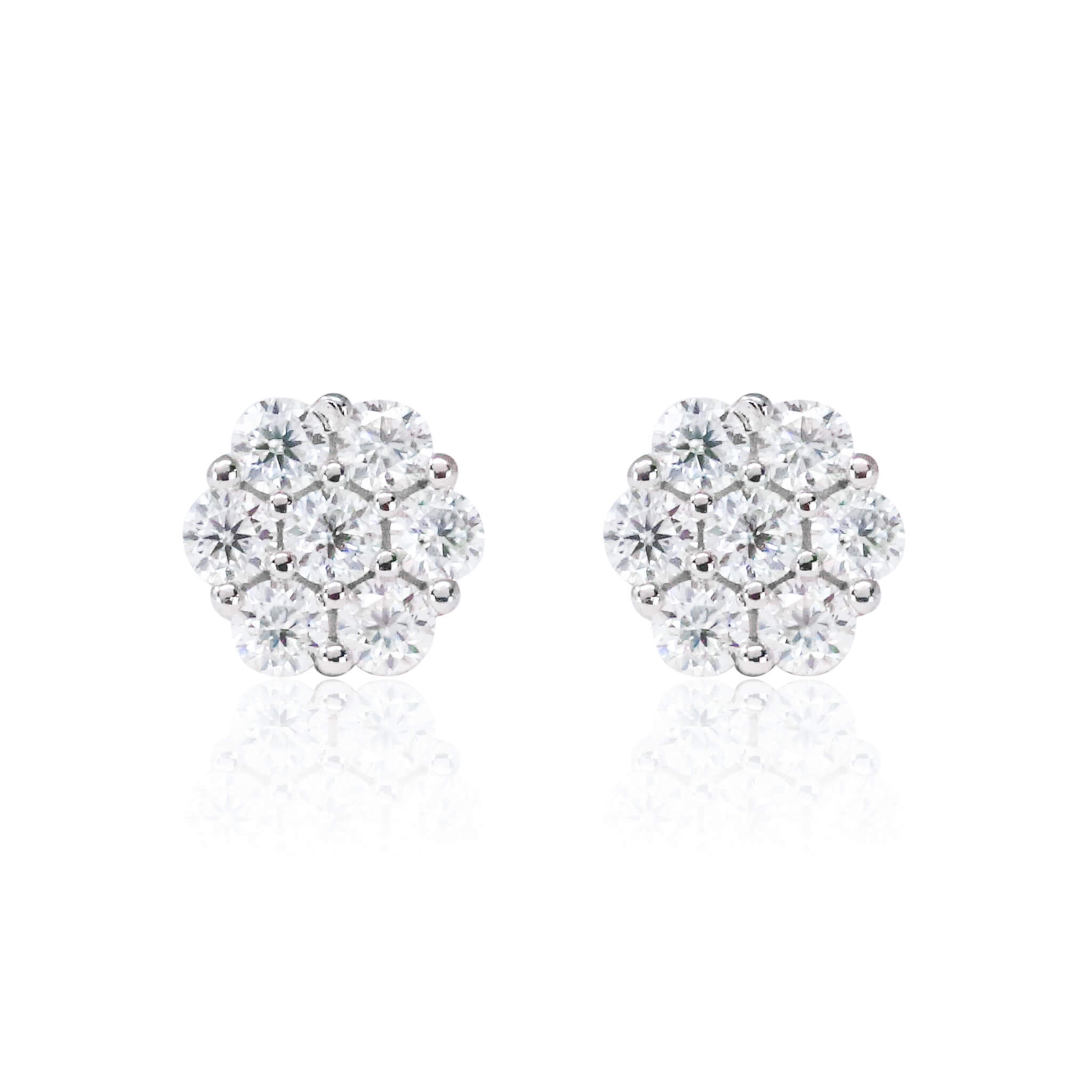Bright 8mm floral moissanite cluster earrings in sterling silver with round-cut stones.