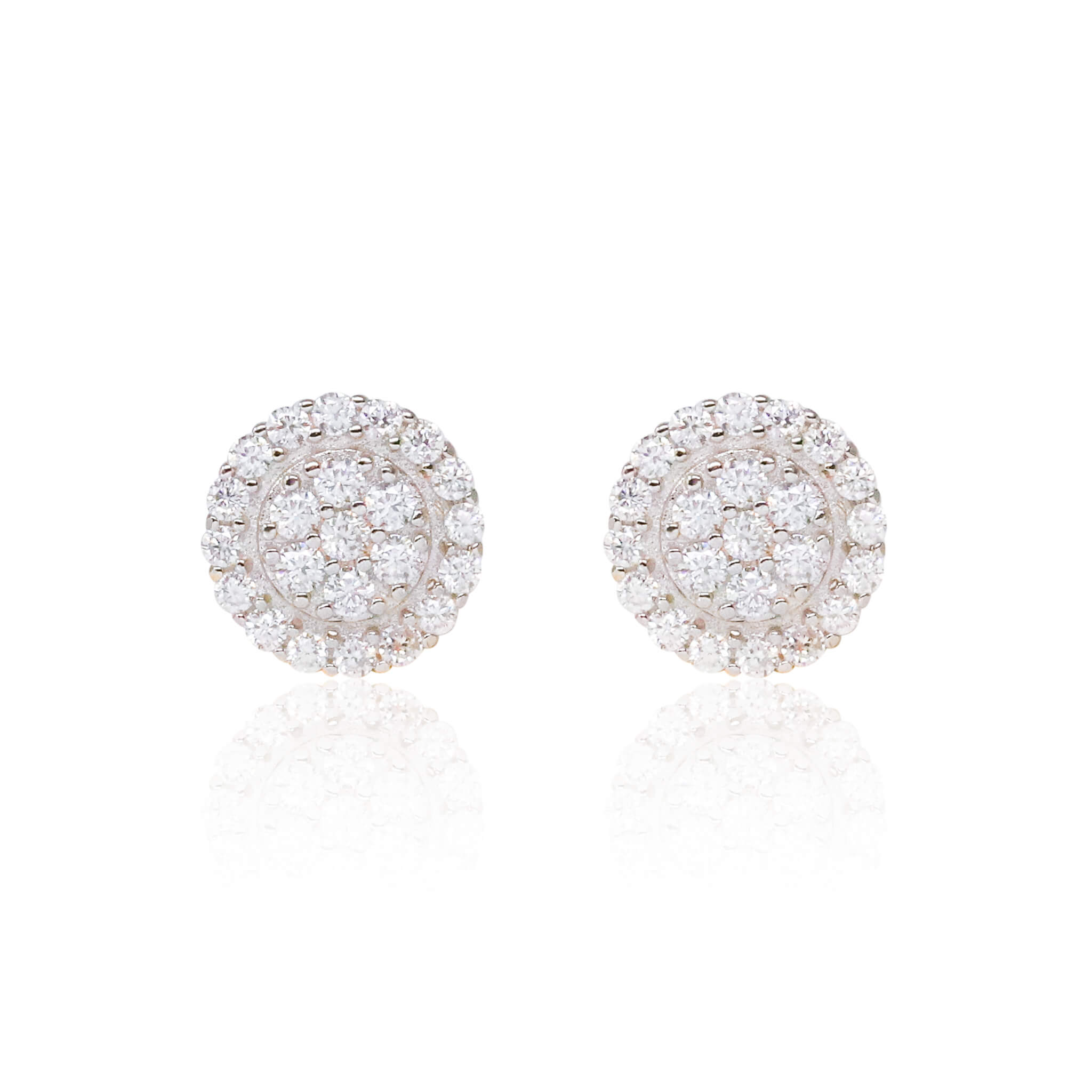 8mm moissanite and 0.48ct diamond cluster earrings in polished sterling silver halo setting.