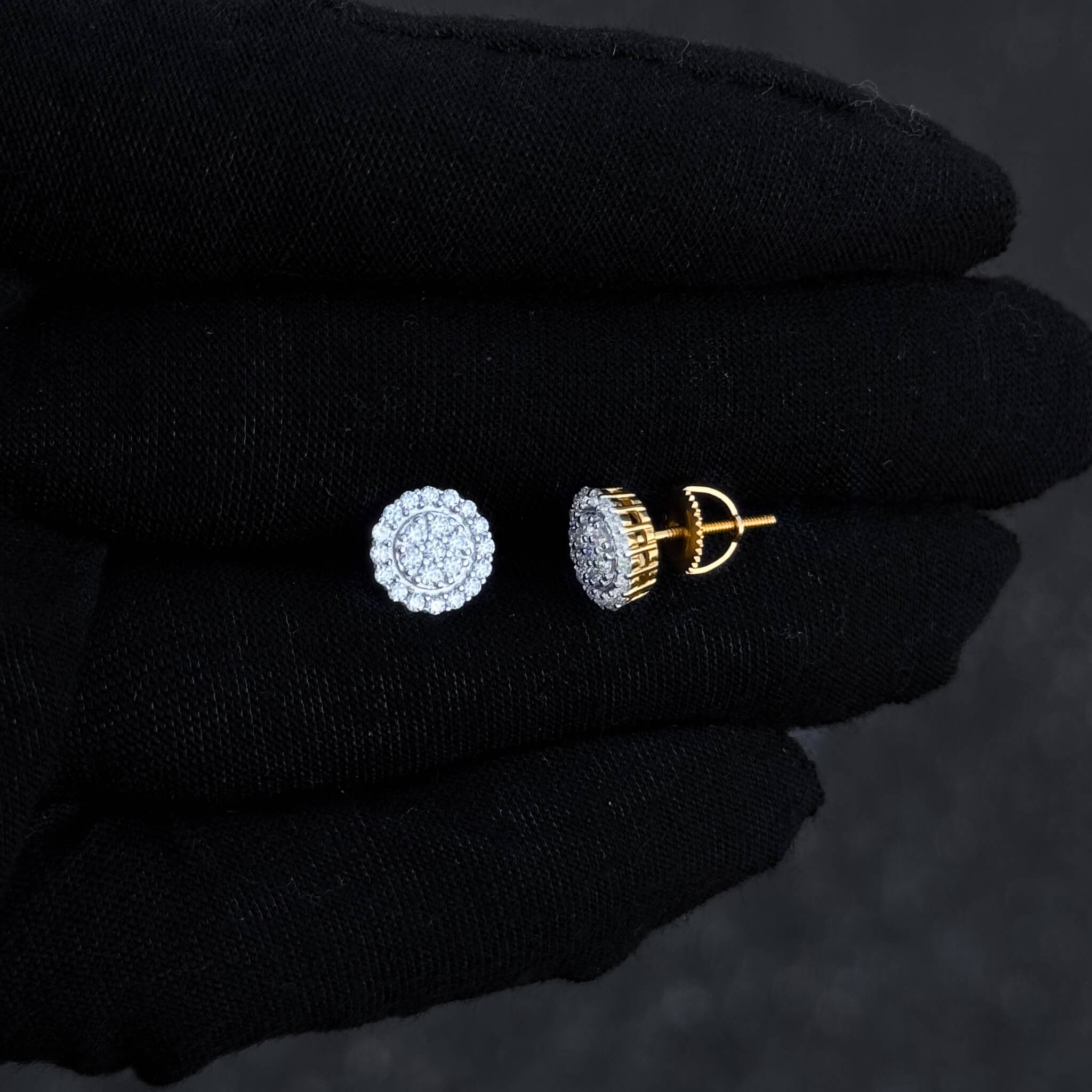 Side and front view of 8mm sterling silver moissanite cluster studs with screw-back posts.