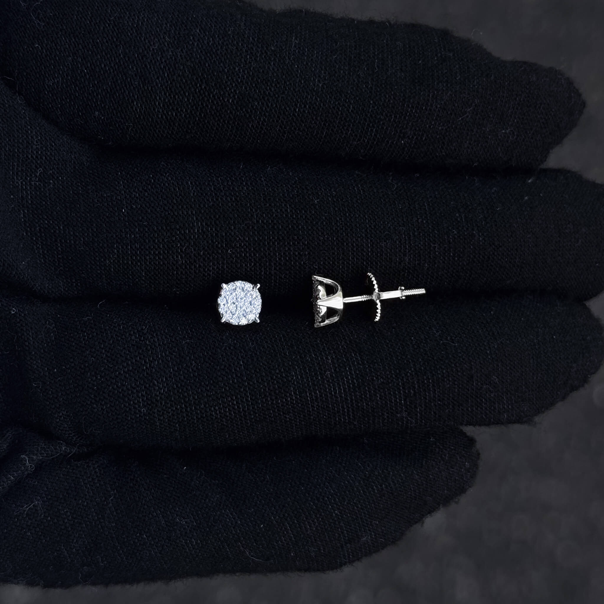 Side and front view of 5mm Moissanite cluster diamond stud earrings with screw-back posts, sterling silver.