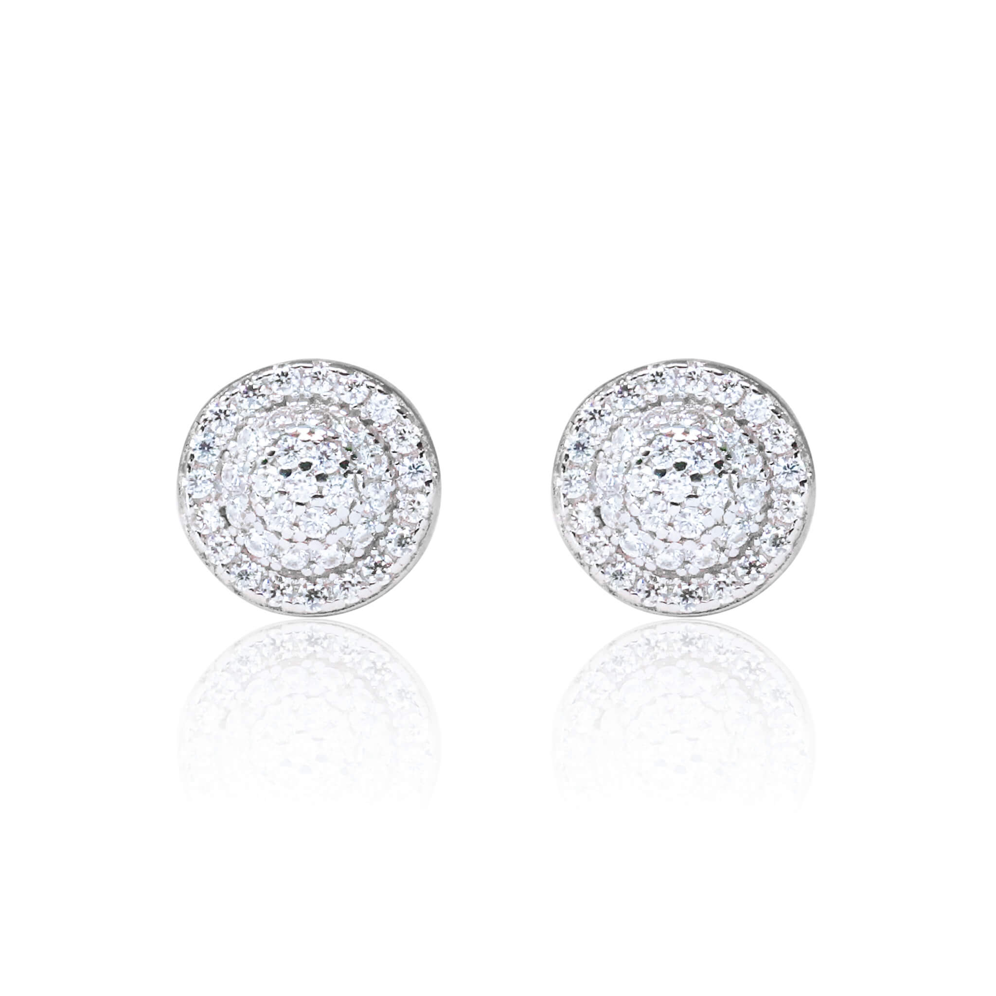 8mm round Moissanite cluster diamond stud earrings in polished sterling silver setting.