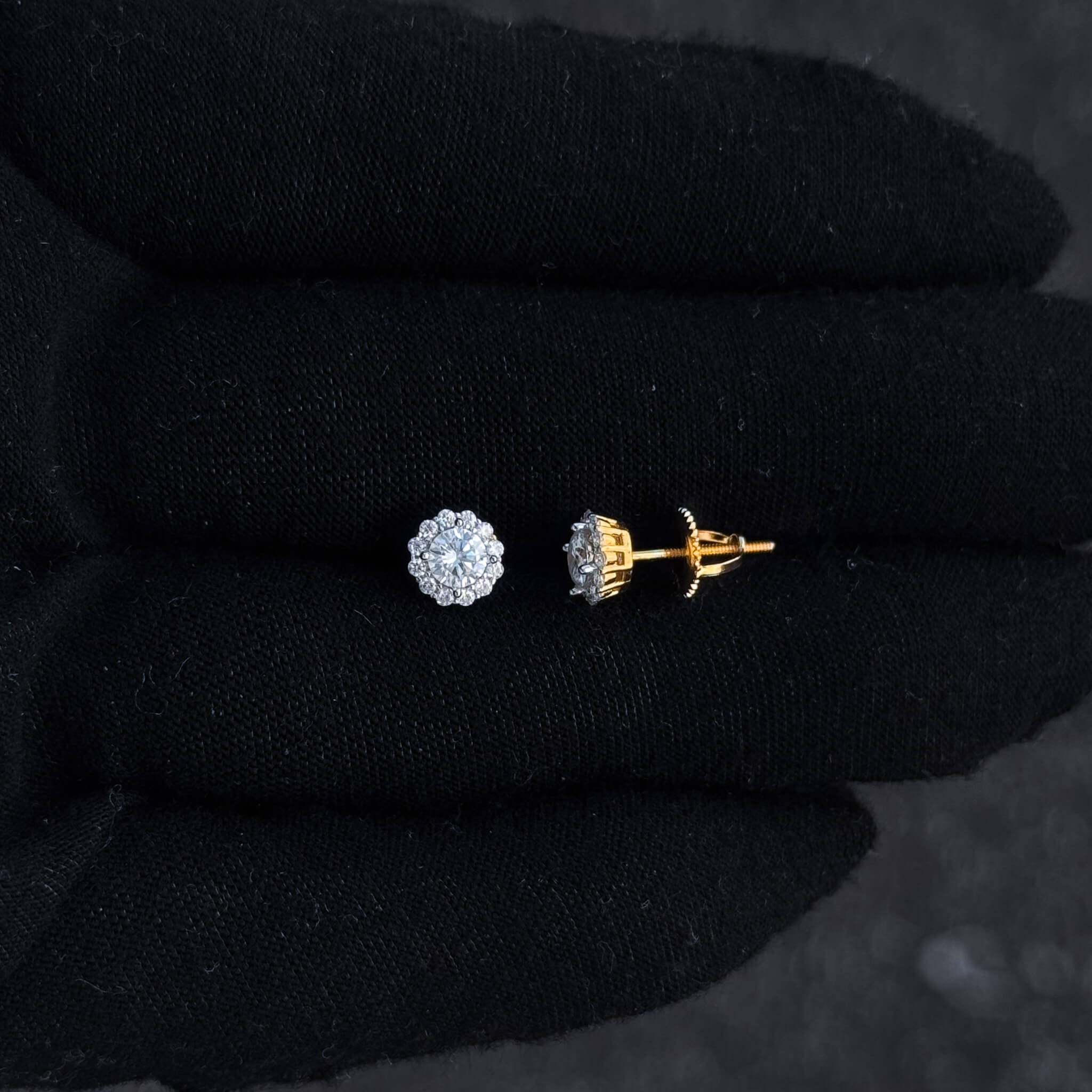 Side and front view of 7mm Moissanite cluster earrings with 1.37ct diamonds and screw-back posts.
