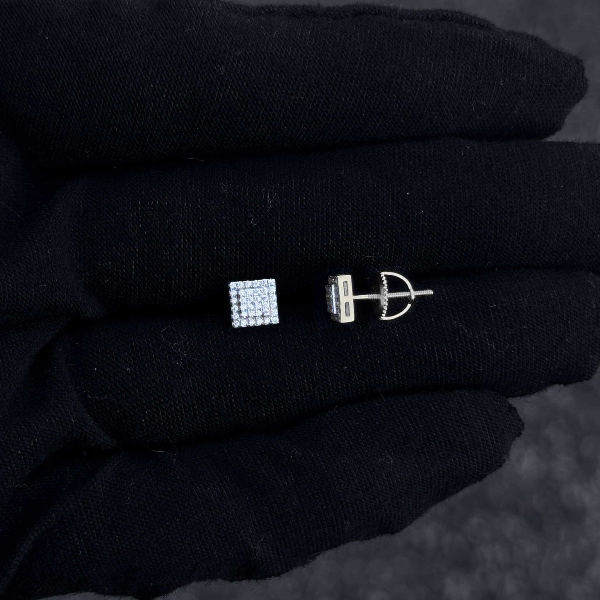 Back and front view of 6mm sterling silver moissanite cluster square studs with screw-back posts.