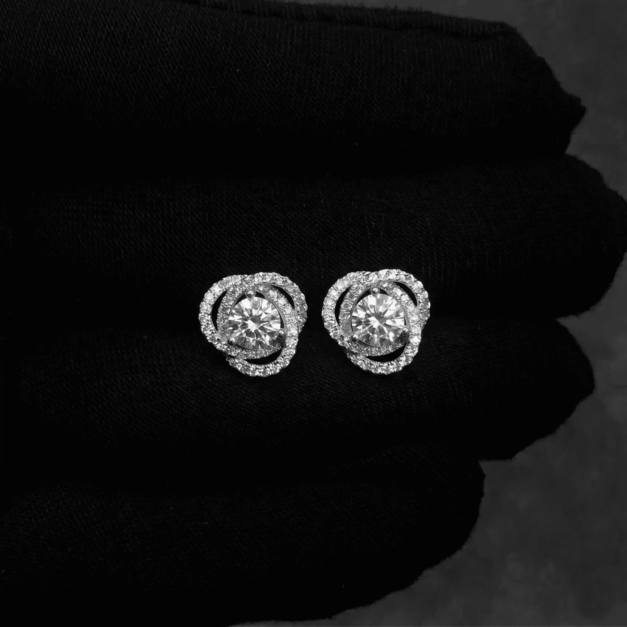 10mm Moissanite Floral Swirl Halo Stud Earrings In premium sterling silver