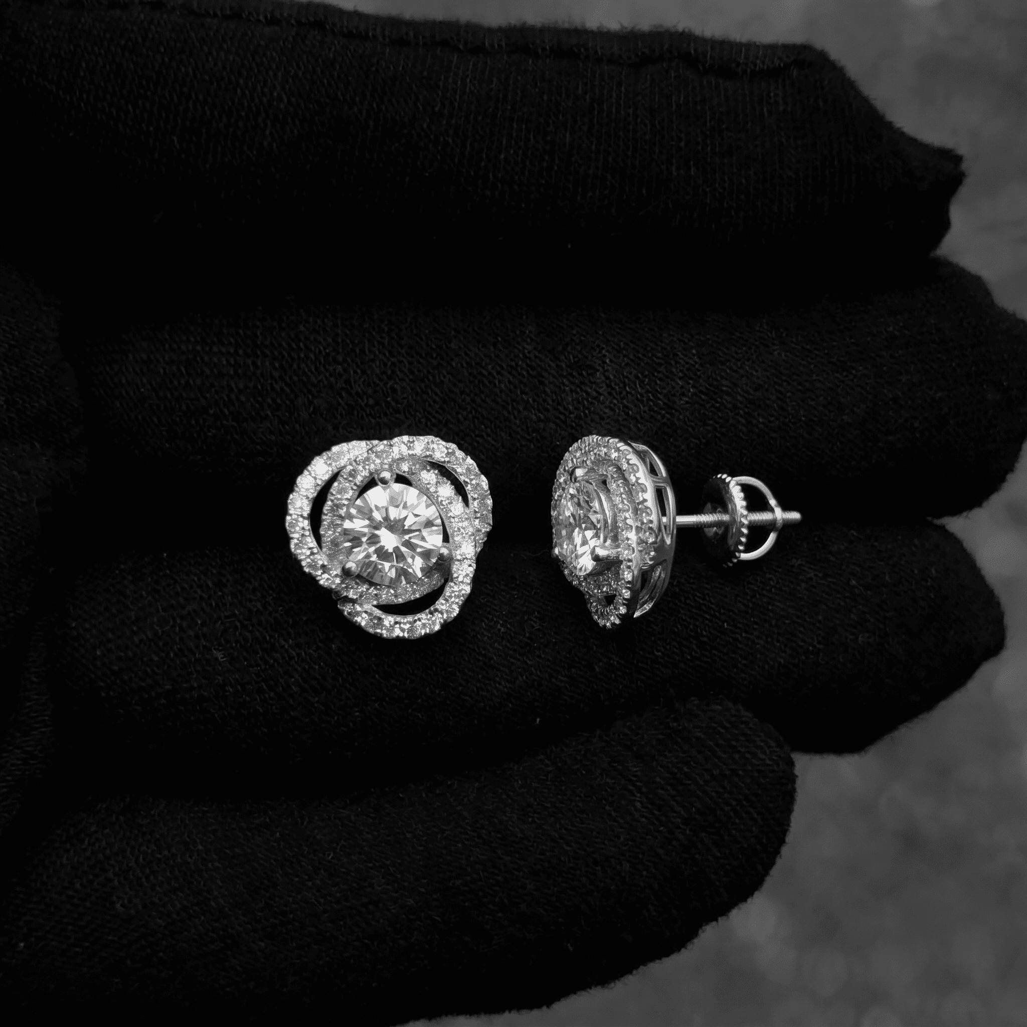 10mm Moissanite Floral Swirl Halo Stud Earrings In premium sterling silver