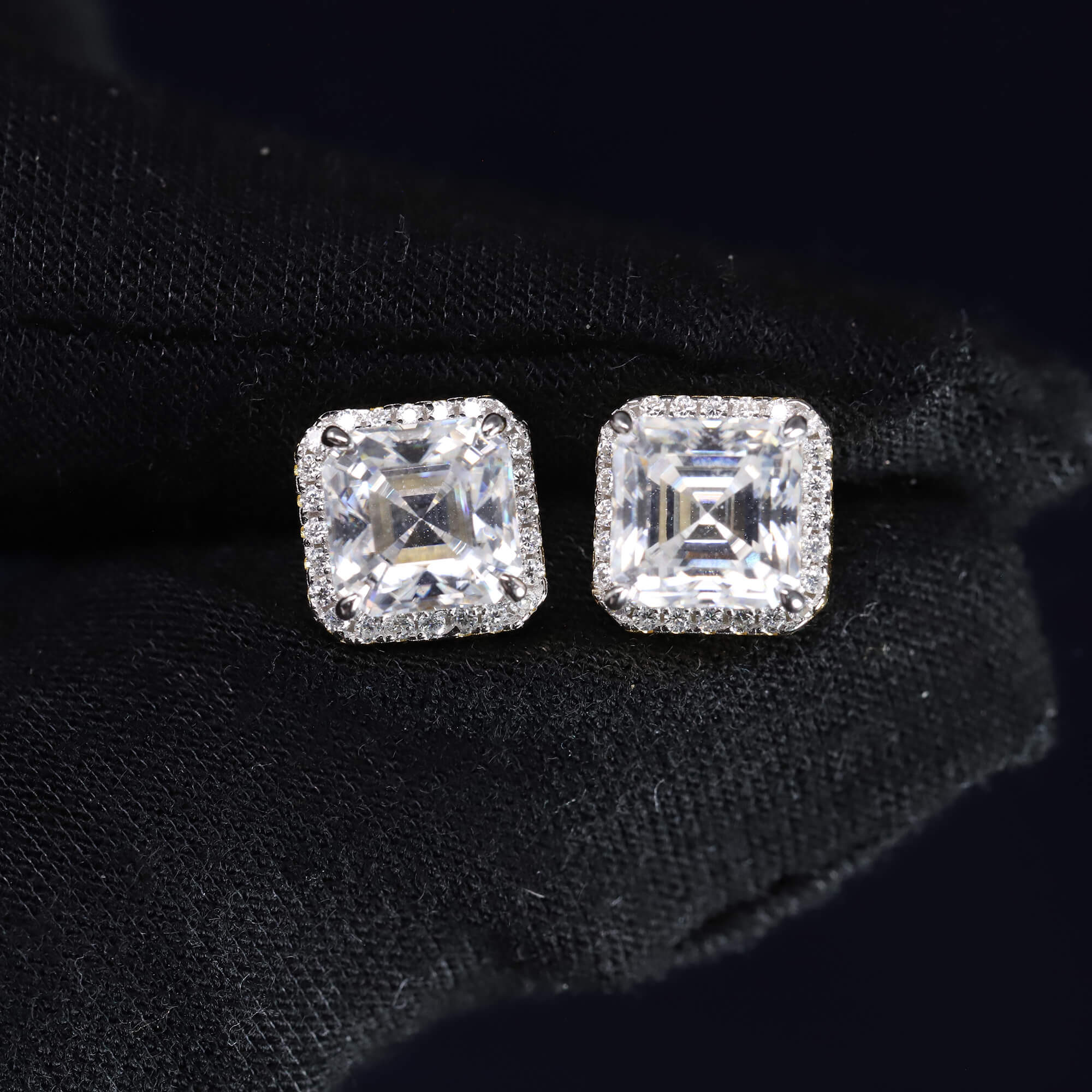 9mm Moissanite Cushion-Halo Earrings in Premium Sterling Silver