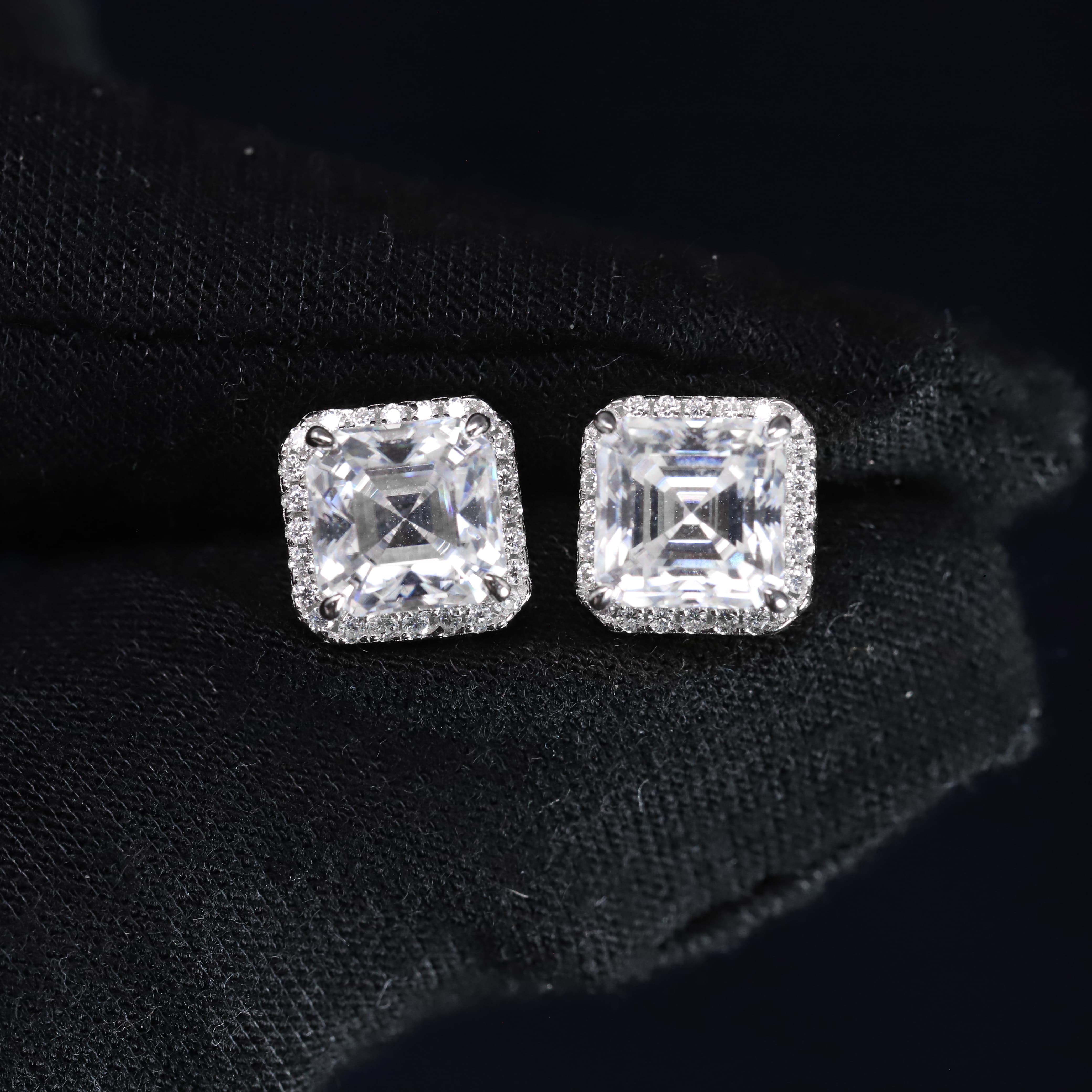 9mm Moissanite Cushion-Halo Earrings in Premium Sterling Silver
