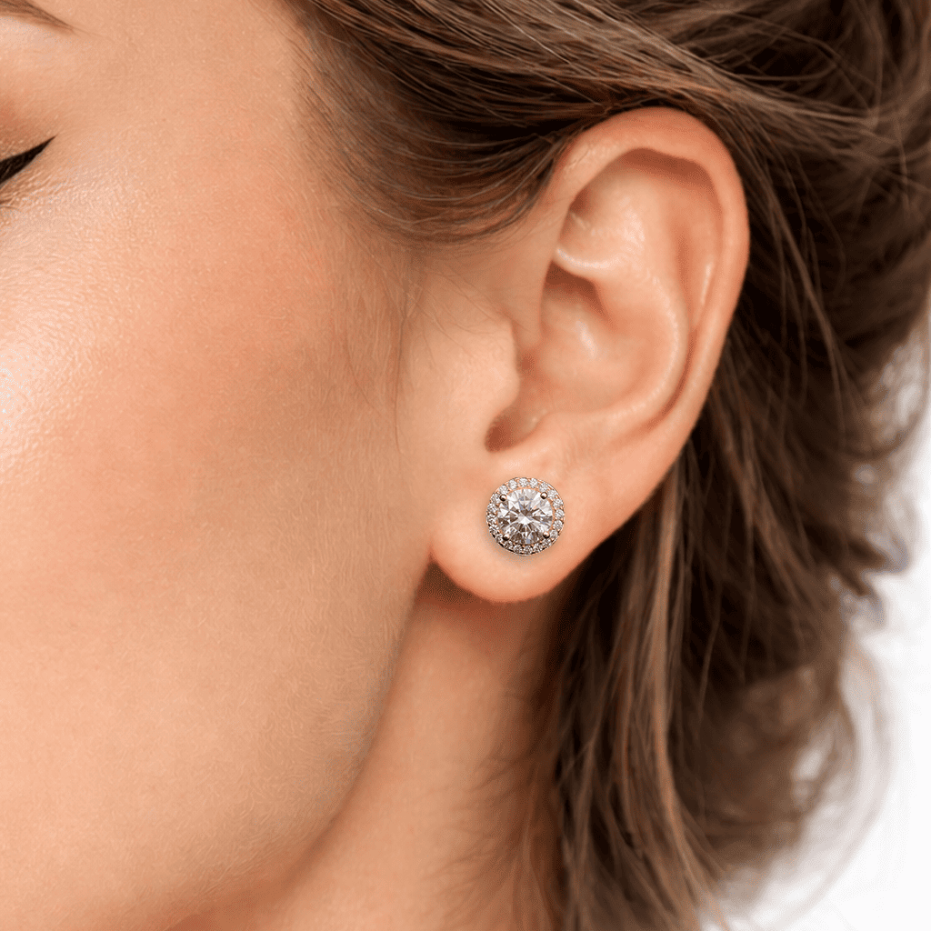 9mm Moissanite Round Cut Halo Stud Earrings in Premium Sterling Silver