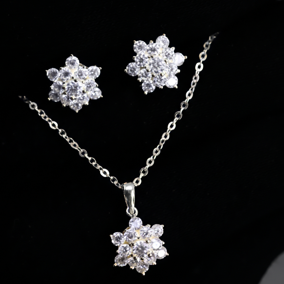 3mm Moissanite Floral Cluster Earring & 45cm Iced Out Floral Pendant with Necklace